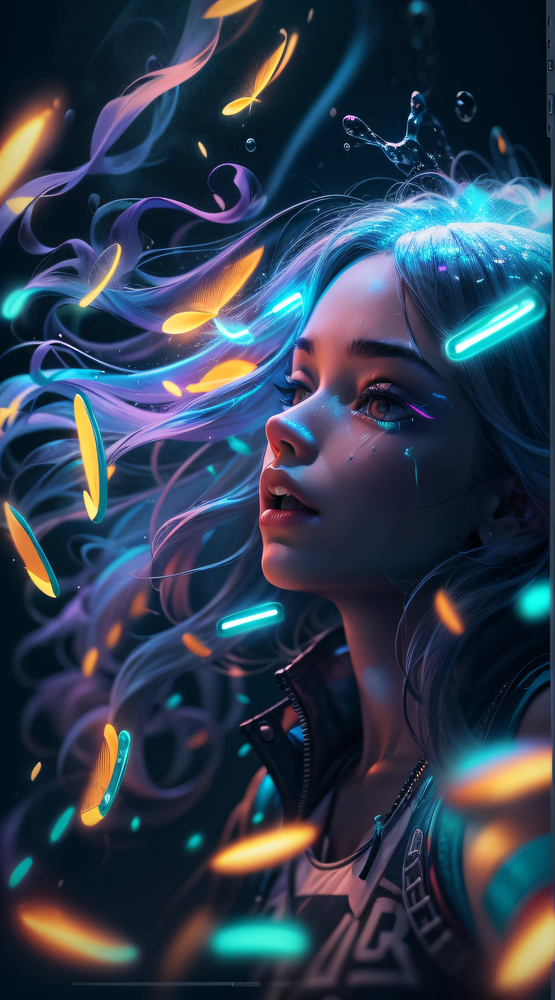 （1 girl），Need，Beautuful Women，Volley solo，Flying，Swiftstep，Phantom，Blue neon lights produce smoke，Particle effect，misterious，glitters，Cinematic fill light，Colorful water floats in the air