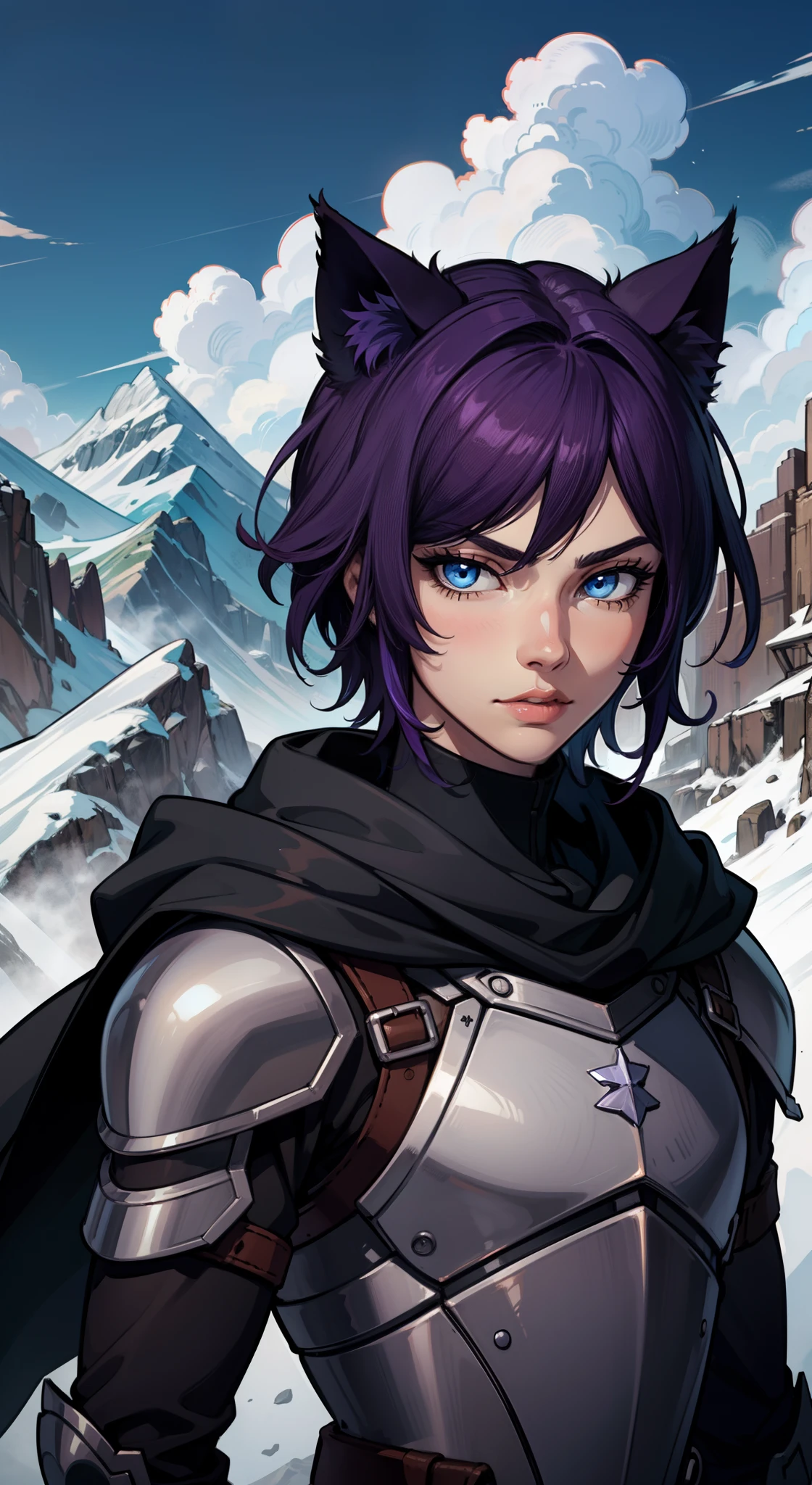 1boy, purple hair, vibrant blue eyes, cat ears, cat tail, staring at viewer, black slim armor, cloak, masterpiece, vibrant colors, shadows, tall, mountain setting, effeminine, close up