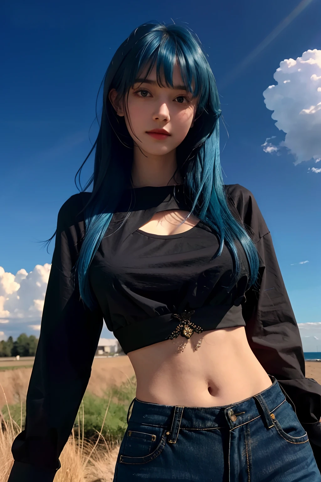 1girll, Masterpiece, Best quality, extremely detaile, Cinematic lighting, intricately details, A high resolution, offcial art, finely detailed beautiful face and eyes, high-resolution illustrations, 8K, Dark intense shadows, Overexposure, Blue hair, bangs, Black shirt, navel, Crop top, Large breasts, Black jeans, Super strong shirt, underboobs, (Smug), Blue sky, Clouds