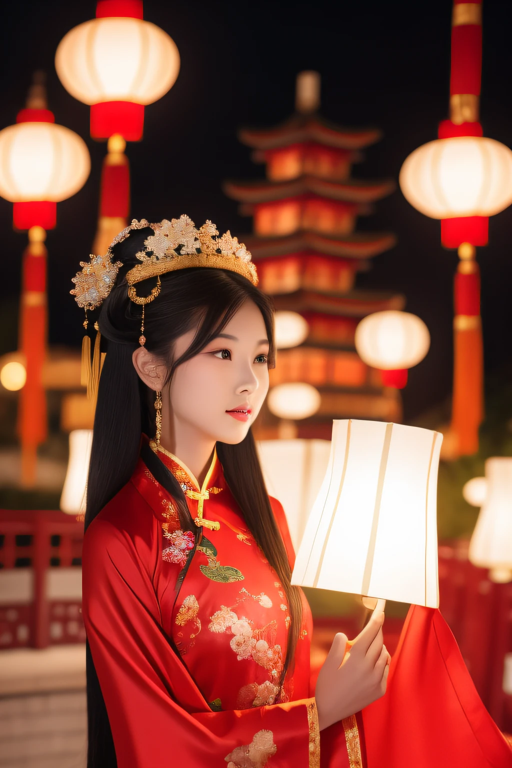 the night,A woman in a Chinese costume carries a lantern