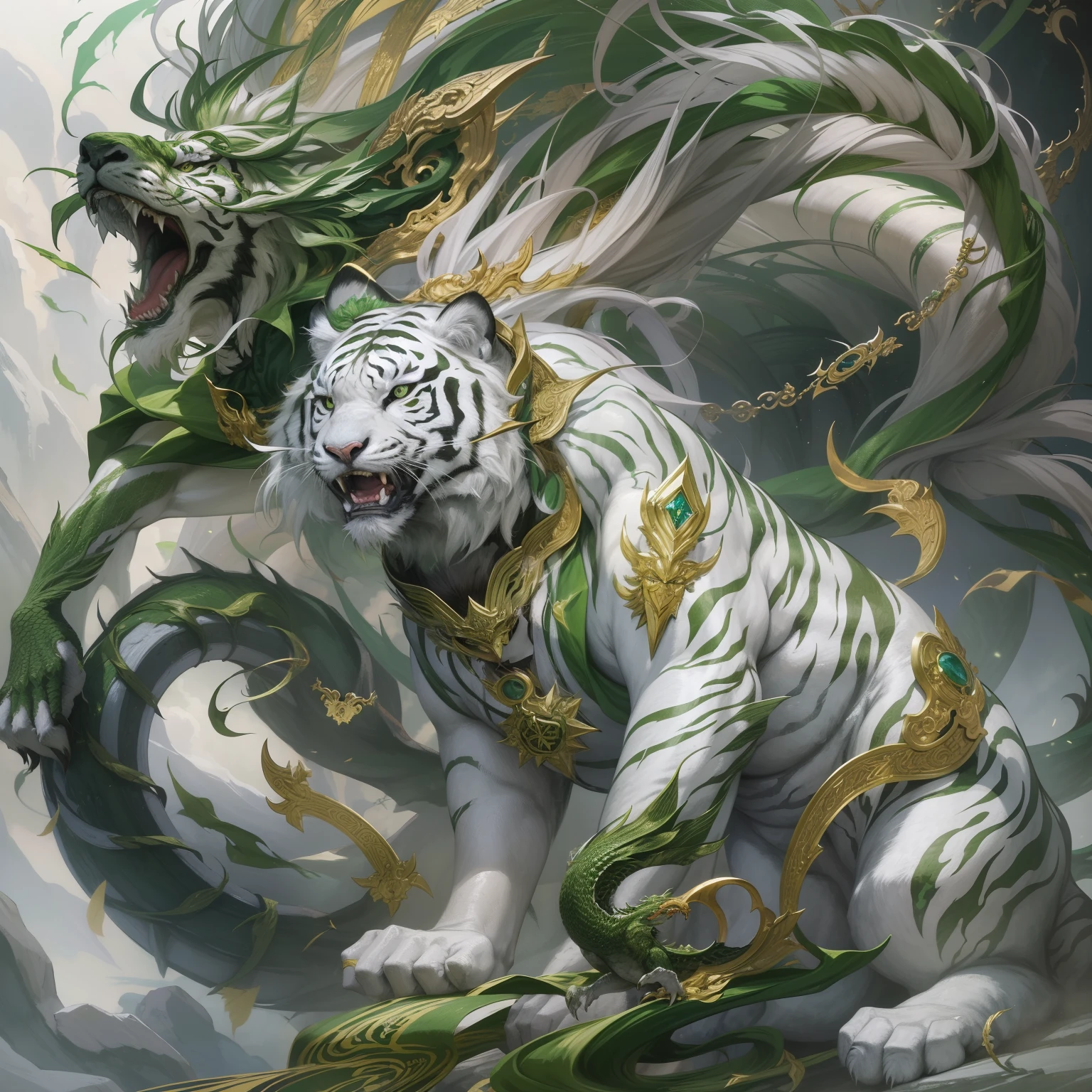 Four holy beasts，Green Dragon，White tiger，Suzaku，Xuanwu，Gorgeous and detailed CG illustration，Best picture quality，hyper-high detail，dynamic angle，Beautiful gesture，Green Dragon：Teeth and claws，White tiger：majestic-looking，Suzaku：Splendid feathers，Xuanwu：Fortitude and solemnity。