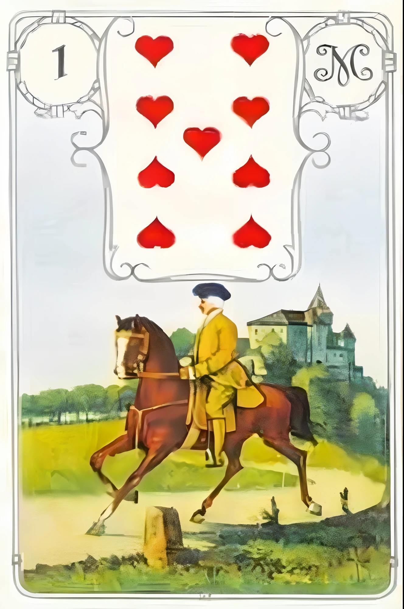 (((qualidade superior, obra-prima: 1.3))) an image of a card with an image of a man in orange robes and mounted on a horse, Baralho vitoriano, Heart in a deck suit, seven stars in right hand, The Knight Tarot Card, Rider Waite Card, Cards, inspirado por Hans Leu, o Velho, cartas de baralho, illustration", Tarot Card 1. O Cavaleiro, as a tarot card, O Nove de Copas, Nove Copas