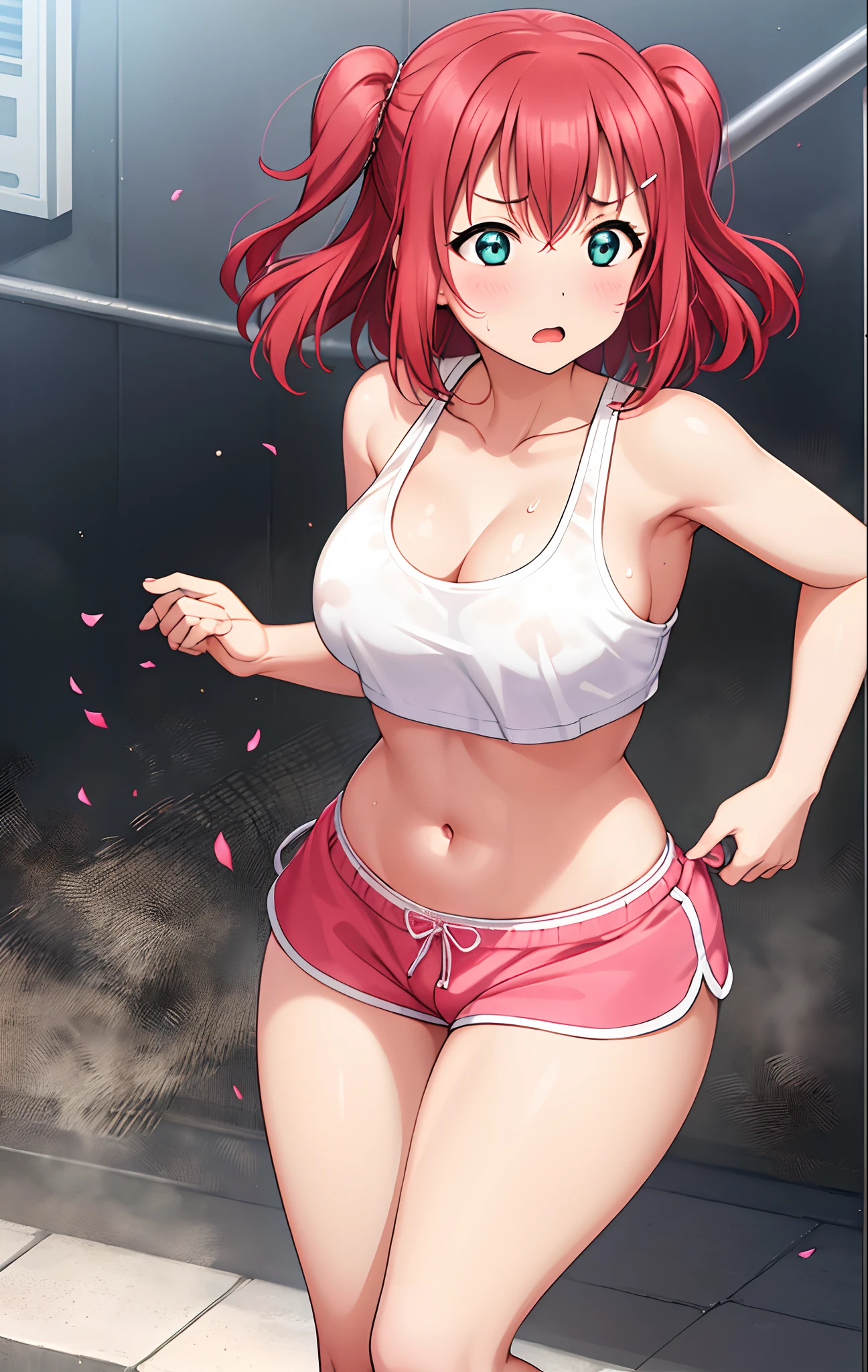 Kurosawa ruby,pink Crop top, white tight shorts ,soaked in sweat,sweaty, heavy breathing,red face,blunt hair,curvy body, standing, string thong bikini