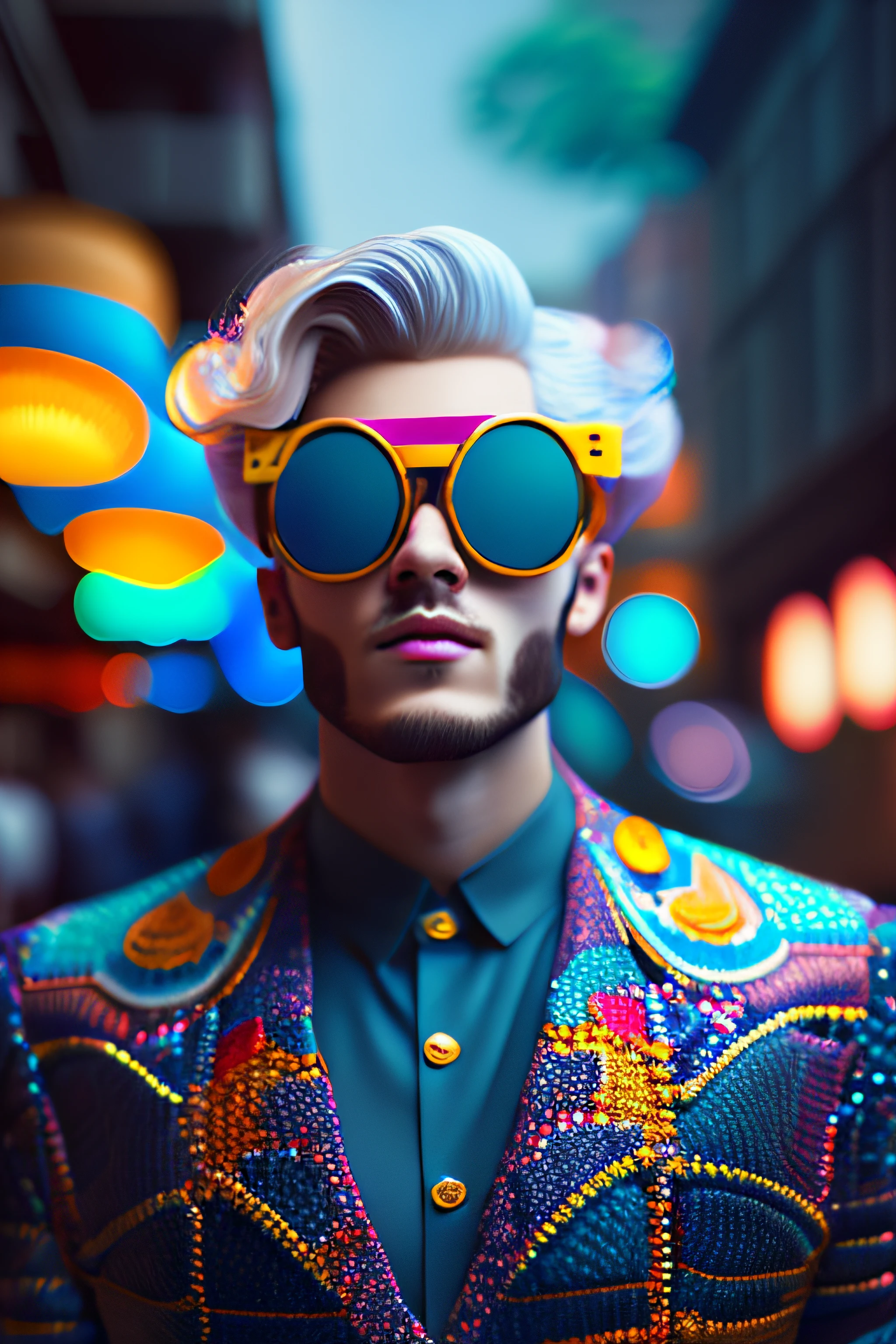 Man with sunglasses and suit on a city street, fotografia colorida realista, futuristic glasses lenses, lentes neon, futuristic sunglasses, color photograph portrait 4k, style hybrid mix of beeple, cyberpunk cores vibrantes, foto de retrato, retrato colorido, hero pose colorful city lighting, moda colorida, cyberpunk eye wear, estilo cyberpunk hiper-realista
