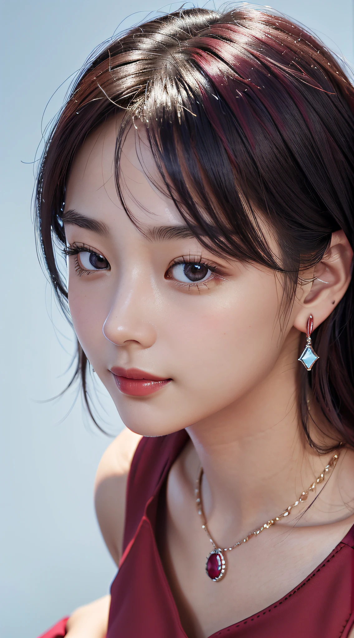 4K,(a closeup:1.6), masterpiece, top-quality, 8K, absurderes, beautiful a girl, Clean face, looking at the viewers, a smile, (Dark Red Dress:1.7), Ruby Earrings, ruby necklace, , cute little, (Glitter and smoky red eyeshadow and glitter, glazed pinkish red lips:0.8), A hyper-realistic, hight resolution, a picture, film grains, chromatic abberation, foco nítido, HDR, face lights, Dynamic lighting, 电影灯光, Professional Shadows, simple background, (Dull blue background:1.3)、highestdetailed、Extreme details、ultra-detailliert、detaile、authentic skin、delicated facial features、detailed faces and eyes、Sharp pupils、Realistic pupils、(Black eye:1.0),full bodyesbian、waistline、Slim type、