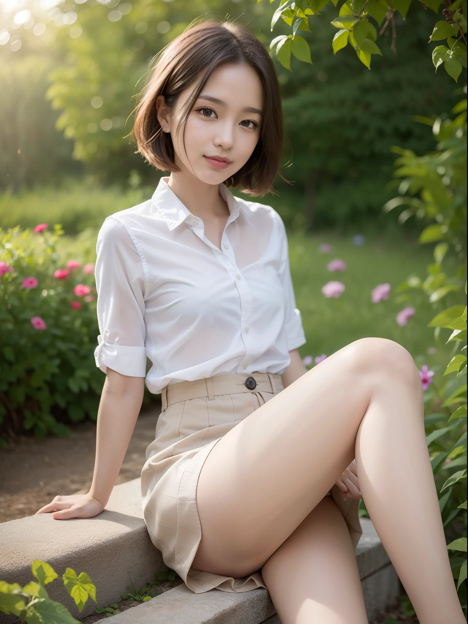 ((top quality, 8k, masterpiece: 1.3, raw photo)), Sharp Focus: 1.2, (1 aespa girl :1.2), (SOLO), (Realistic, Photorealistic: 1.37), (face focus: 1.1), cute face, ultra detailed face, small breasts, flat chest, short messy hair, white long button shirt, (skirt, spread legs, thighs: 1.2), (sheer fabric), small smile, garden, sunlight, movie lighting