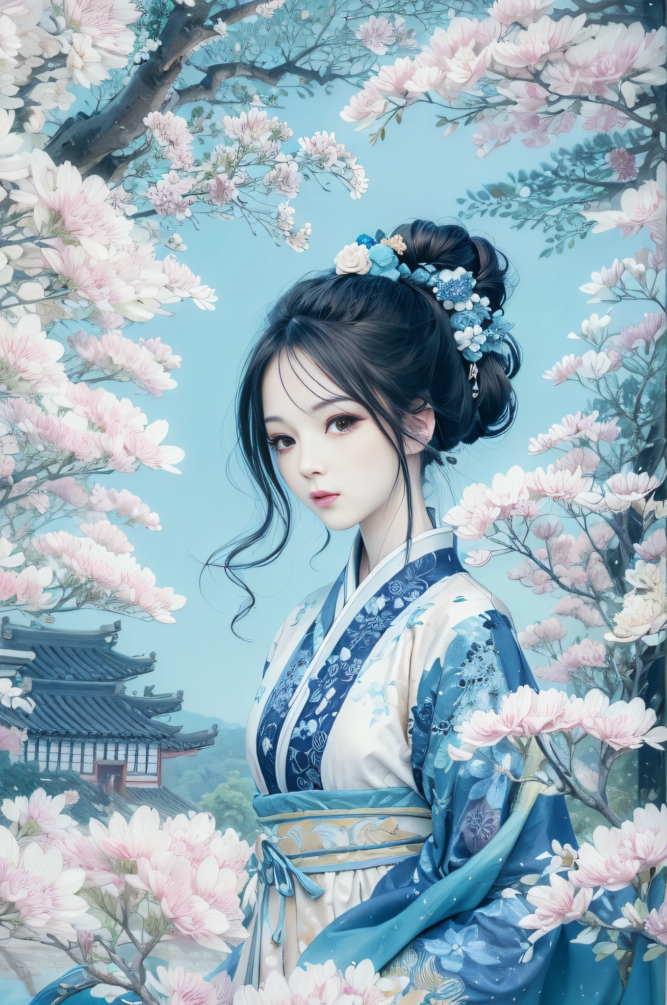 a drawing,Blue and white dress,Woman with flowers on hair,Blue and white porcelain style,hanfugirl,Japan Art Style,ancient china art style,Belle peinture de personnage,Chinese painting style,It has an ancient Chinese aesthetic,Chinese style,A beautiful artwork illustration,Traditional Chinese art,Oriental art style,Blue and white porcelain exhibition,Beautiful anime portrait character composition in the lower left corner,The upper right corner is decorated with a blue and white porcelain background,(Defocus,Out of focus,softlighting,电影灯光,Skylight,hyper HD)
