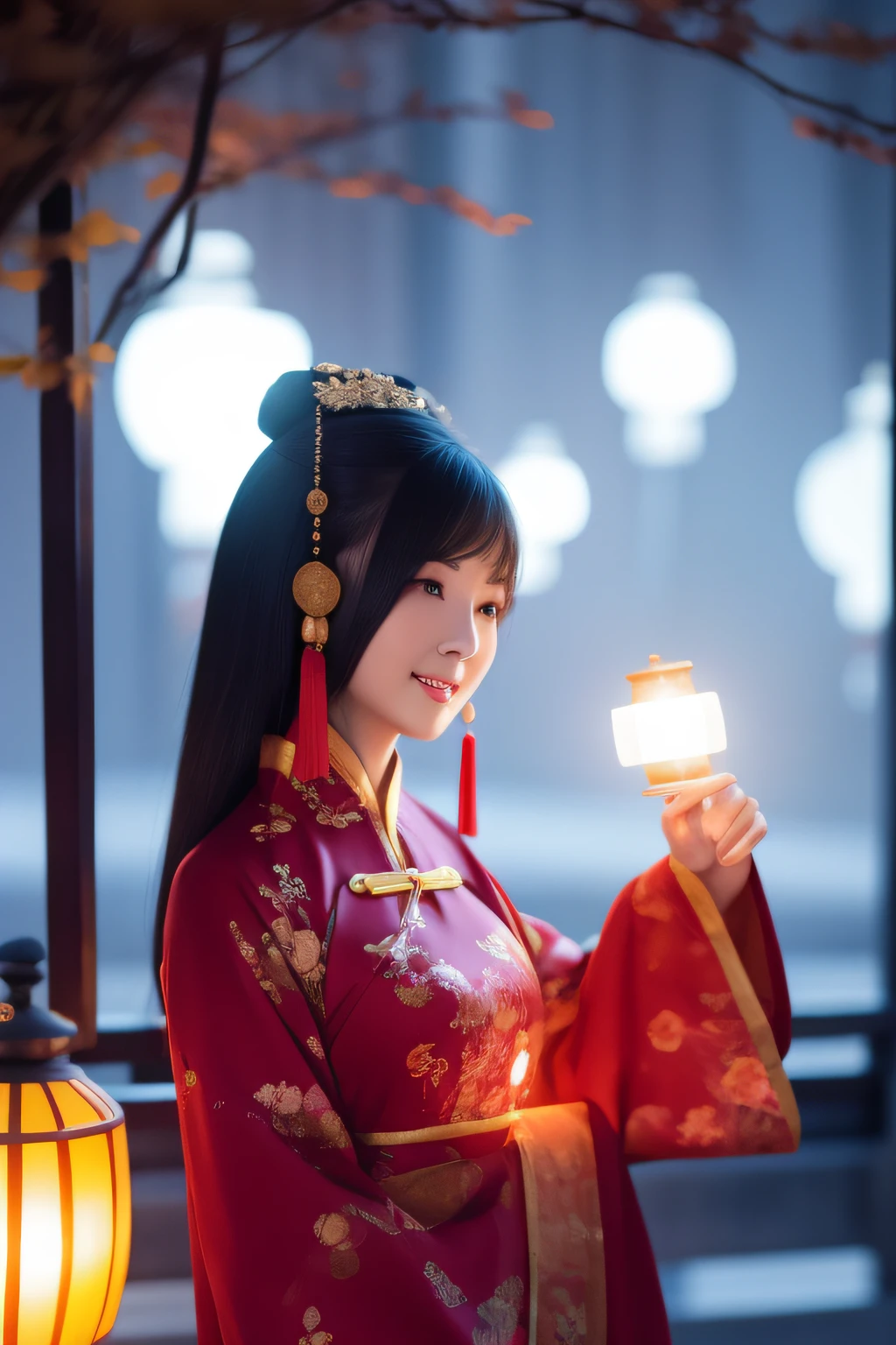 the night，A woman in a Chinese costume carries a lantern