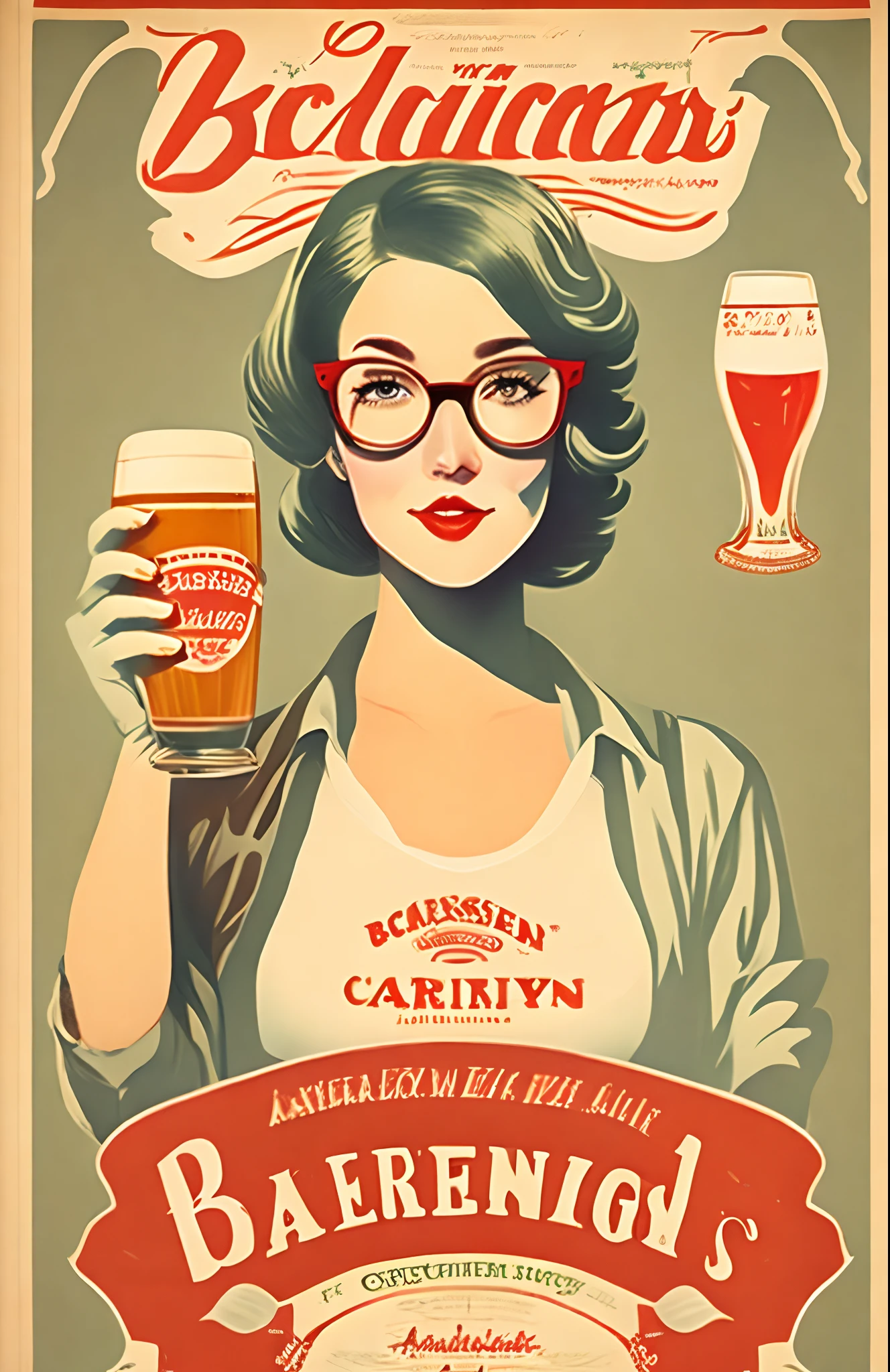 American Vintage Design、Vintage、poster for、Original design、Crazy Girl、Beer holding、Corona、Budweiser、Heineken、beer、eye glasses、endearing、Simple illustration、simple、