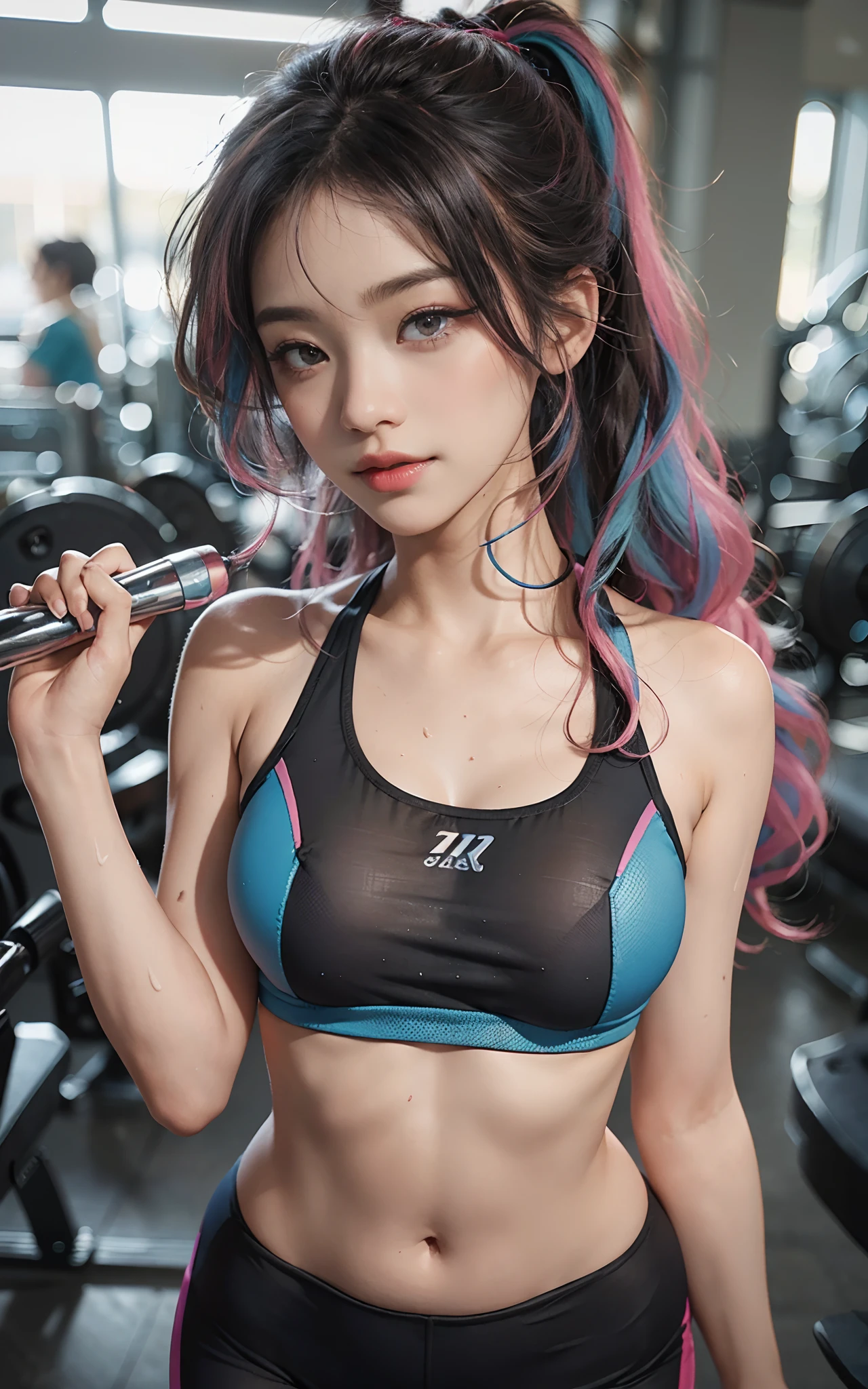 ((huge-breasted)), ((,)), ((Very small head)), Daylight, Sunlight, Bright light, (Perfect body : 1.1), (fullllbody), (short wavy hair:1.2, dark brown hair, Pink and blue mesh hair, Thin mesh), Full body shot, ((Tight workout wear), (Sweat), (Very detailed CG 8k wallpaper), (extremely delicate and beautiful), (masutepiece), (Best Quality:1.0), (超A high resolution:1.0), (realisitic), beautiful lightning ,Perfect Lightning, Realistic Shadows, [hight resolution], Detailed skin, Ultra-detailed, Slim body), (Beautiful hair, Wavy Hair, Real Hair, detailed hairs, High ponytail), Fine Collarbone, Beautiful breasts, blush, Photorealistic, Realistic face, Beautiful face, Cute face, Realistic eyes, Small eyes, Cute smile, (((Colorful))), (eye liner), (mascara), (eye shadow), (at the gym), Looking back, bighip, (child-faced)