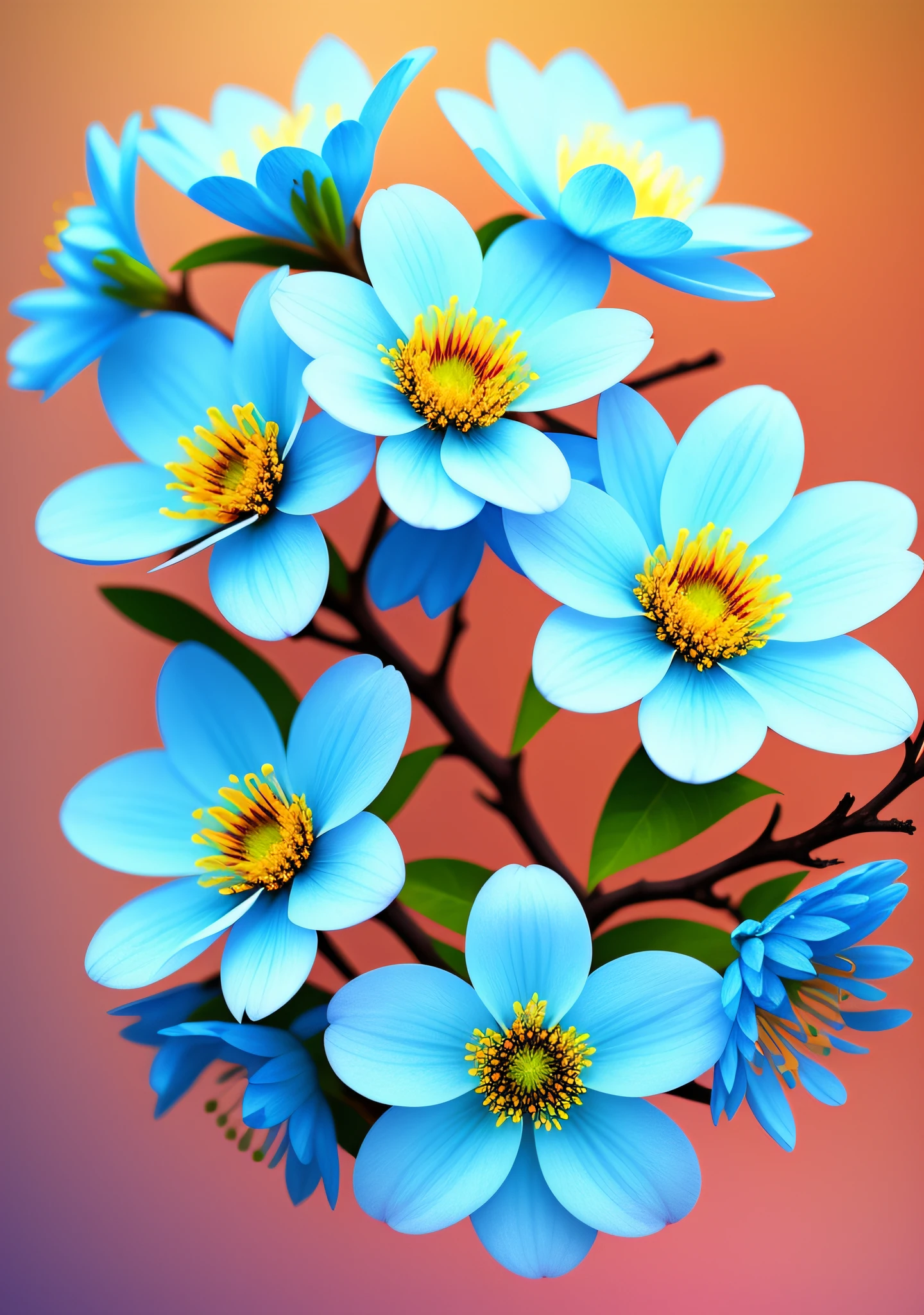 Close-up of a bouquet of flowers on a branch，paul barson，Simple background in warm colors，Light blue petals，blossoms，beautiful digital artworks，beautiful digital art，flowers and blossoms，surreal waiizi flowers，beautiful  flowers，flowers in full bloom，flowers with intricate detail，Incredibly beautiful，beautiful art，beautiful composition 3 - d 4 k，gorgeous digital art，SakuraNS