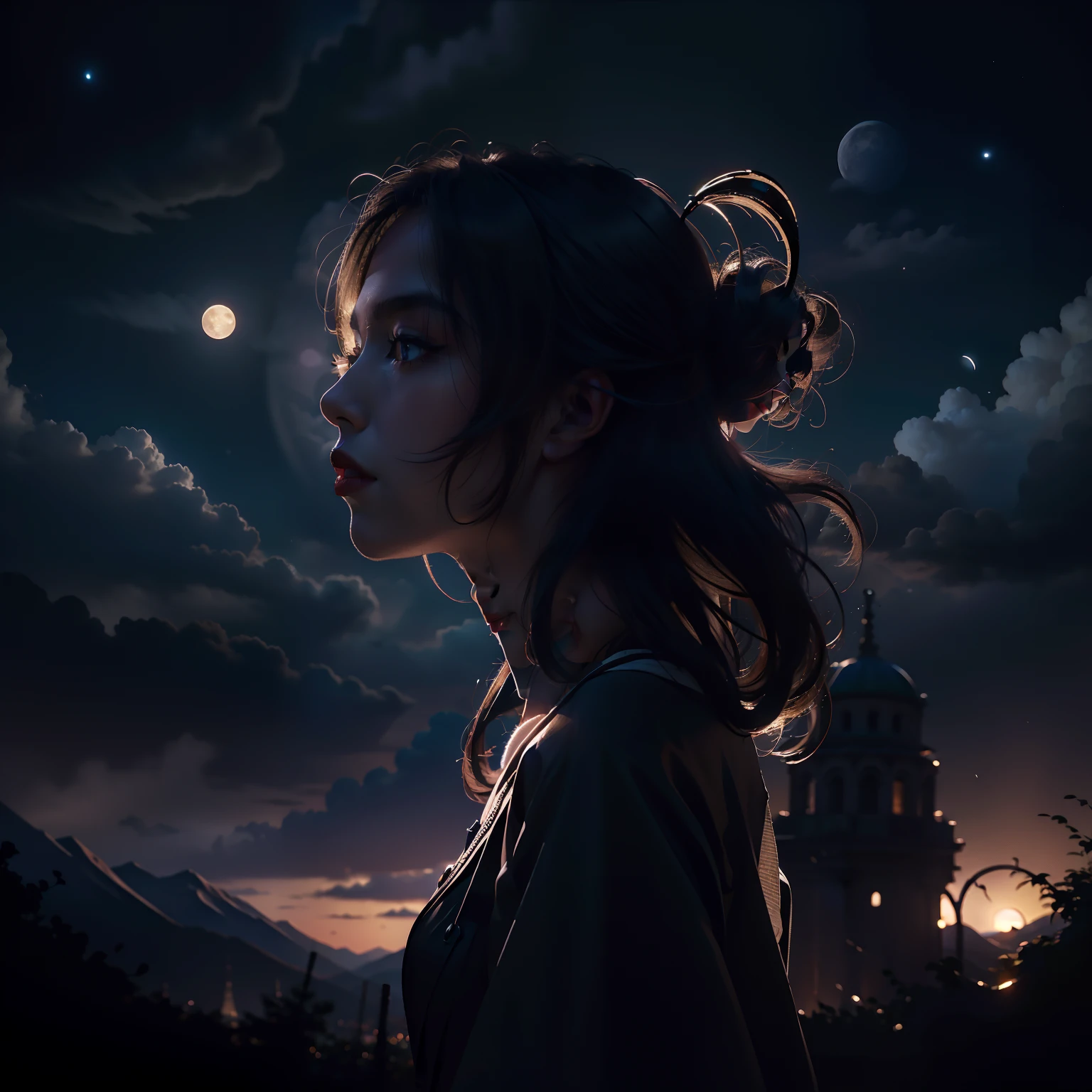 Masterpiece, Best quality, Night, hill, Clouds, full moon, Long hair, woman, Silhouette, glowworm,septum.