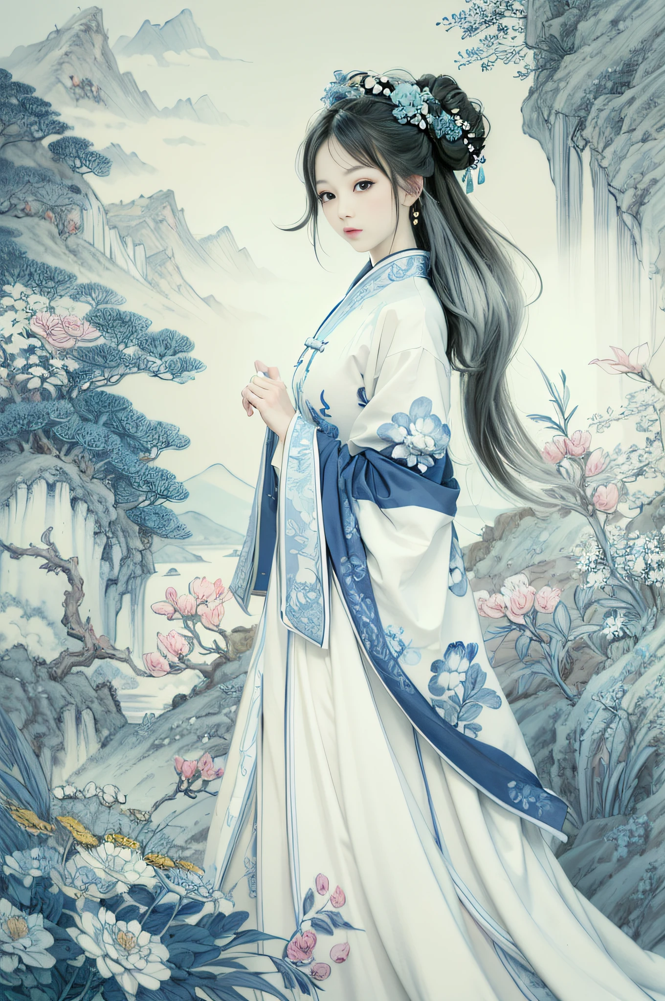 a drawing,Blue and white dress,Woman with flowers on hair,Blue and white porcelain style,hanfugirl,ancient china art style,Belle peinture de personnage,Chinese painting style,It has an ancient Chinese aesthetic,Chinese style,A beautiful artwork illustration,Traditional Chinese art,Oriental art style,Blue and white porcelain exhibition,Beautiful anime portrait character composition in the lower left corner,The upper right corner is decorated with a blue and white porcelain background,(Defocus,Out of focus,softlighting,电影灯光,Skylight,hyper HD)