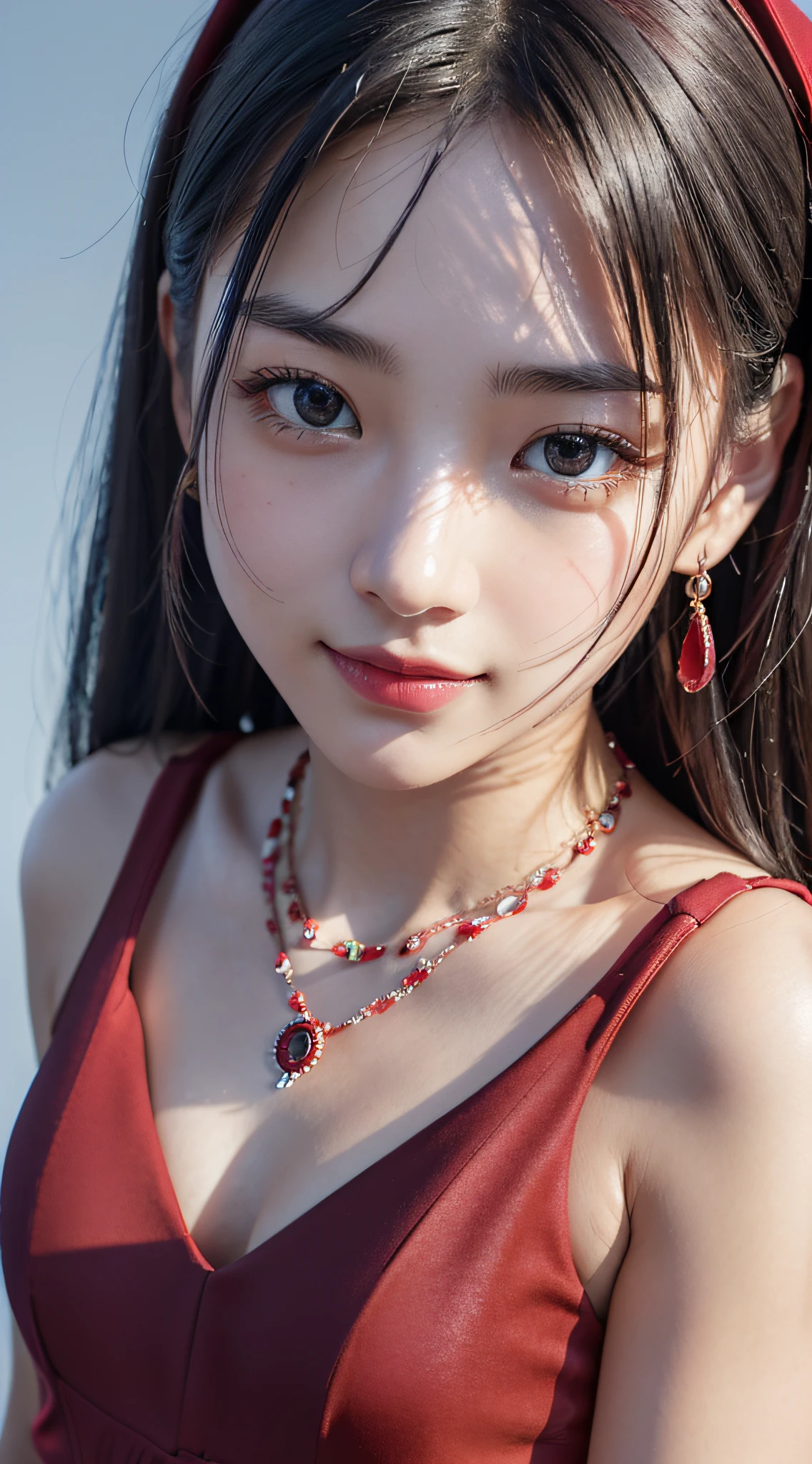 4K,(a closeup:1.6), ​masterpiece, top-quality, 8K, absurderes, beautiful a girl, Clean face, looking at the viewers, a smile, (Dark Red Dress:1.7), Ruby Earrings, ruby ​​necklace, Teen, cute little, (Glitter and smoky red eyeshadow and glitter, glazed pinkish red lips:0.8), A hyper-realistic, hight resolution, a picture, film grains, chromatic abberation, foco nítido, HDR, face lights, Dynamic lighting, 电影灯光, Professional Shadows, simple background, (Dull blue background:1.3)、highestdetailed、Extreme details、ultra-detailliert、detaile、authentic skin、delicated facial features、detailed faces and eyes、Sharp pupils、Realistic pupils、(Black eye:1.0),full bodyesbian、waistline、Slim type、