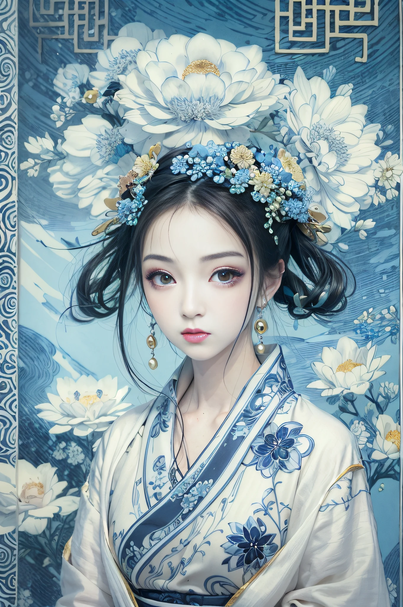 a drawing，Blue and white dress，Woman with flowers on hair，Blue and white porcelain style，hanfugirl，ancient china art style，Belle peinture de personnage，Chinese painting style，It has an ancient Chinese aesthetic，Chinese style，A beautiful artwork illustration，Traditional Chinese art，Oriental art style，Blue and white porcelain exhibition，Beautiful anime portrait character composition in the lower left corner，The upper right corner is decorated with a blue and white porcelain background，（Defocus，Out of focus，softlighting，电影灯光，Skylight，hyper HD）