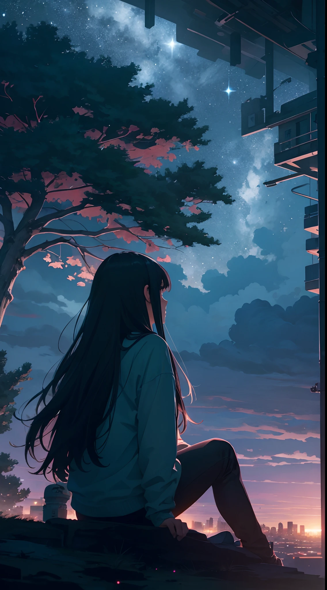 octans, sky, star (sky), scenery, starry sky, night, 1girl, night sky, solo, outdoors, building, cloud, milky way, sitting, tree, long hair, city, silhouette, cityscape