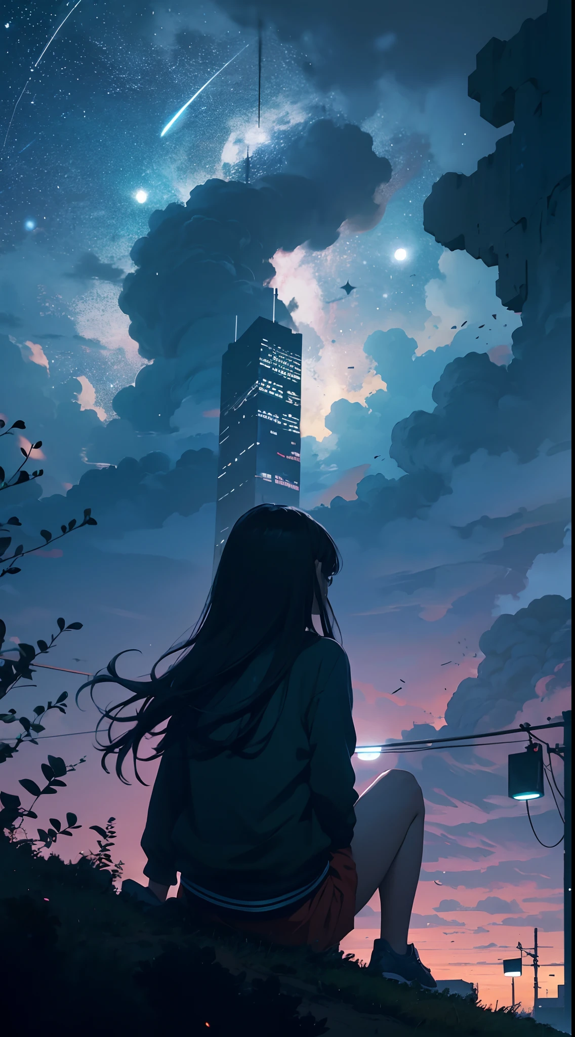 octans, sky, star (sky), scenery, starry sky, night, 1girl, night sky, solo, outdoors, building, cloud, milky way, sitting, tree, long hair, city, silhouette, cityscape