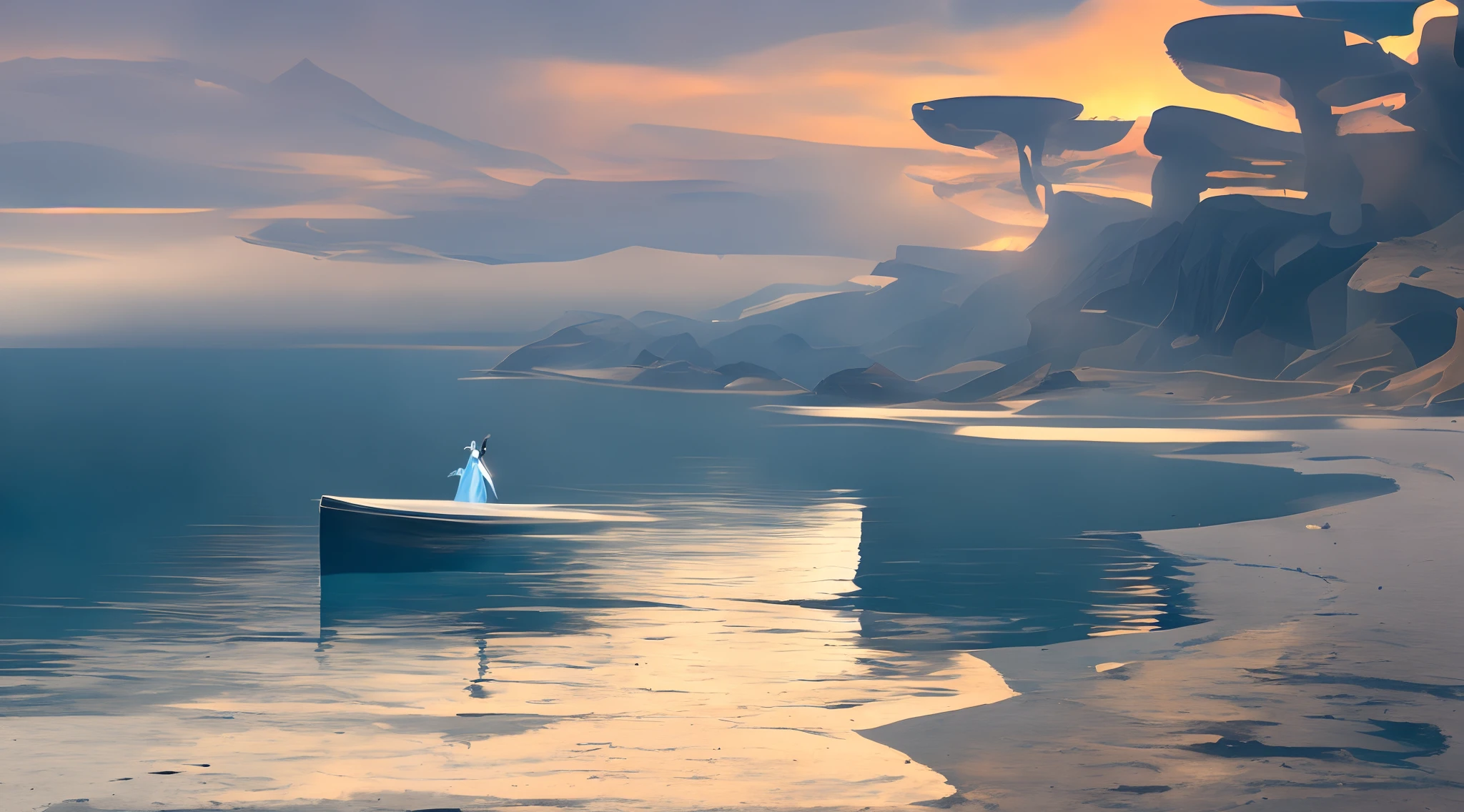 pintura de um barco em um lago com uma montanha ao fundo, arte conceitual | RHADS, inspirado no RHADS, pintura digital 4k, Pintura digital 4K, Pintura digital 4k, painterly concept art, pintura estilizada, arte conceitual de pintura digital, Pintura digital fosca 4K HD, Nicolas Bouvier Sparth, baixo detalhamento. pintura digital