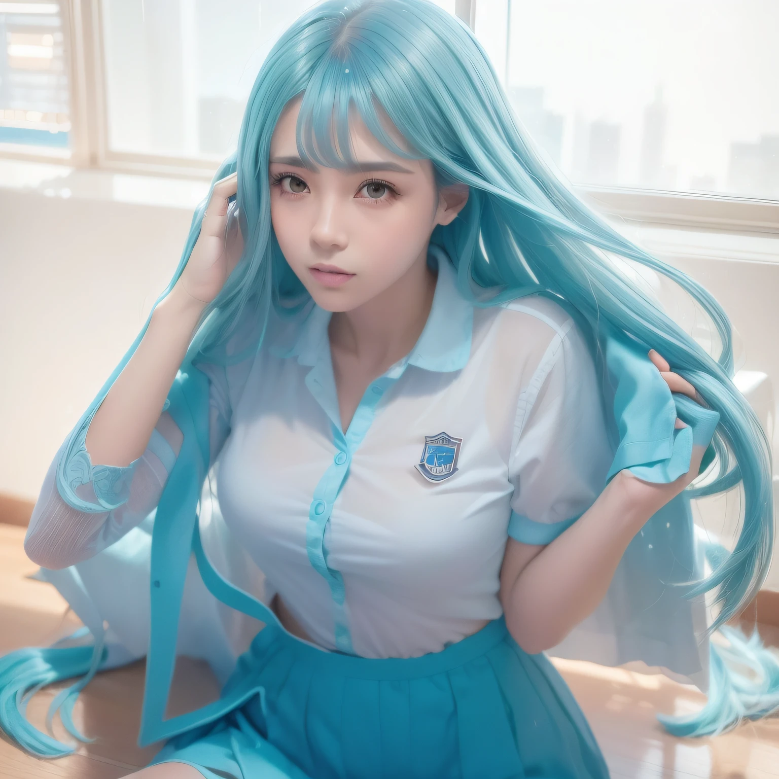 (foto realista: 1.4), (hiper realista: 1.4), (realista: 1.3), (Smoother lighting: 1.05), (increase the quality of cinematic lighting: 0.9), 32K(Aumentar a beleza da textura da pele: 1,1 , jovem com cabelo azul longo e um uniforme escolar,  bonita , idade 17 anos grandes, corpo sexy