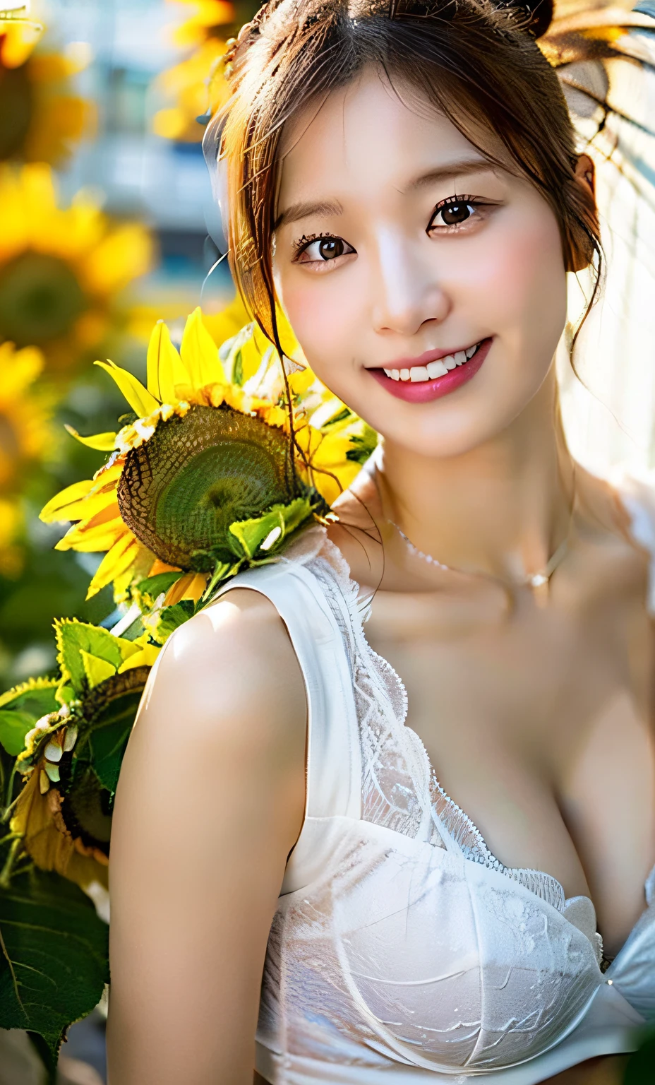 8K,超A high resolution ,(photographrealistic: 1.1) ,Detailed face ,Focus on beautiful women ,White bra, cleavage of the breast ,(tits out:1.1) ,florals ,Saturated flowers ,vivid flowers ,A slight smil ,sunflowers ,Upper body ,