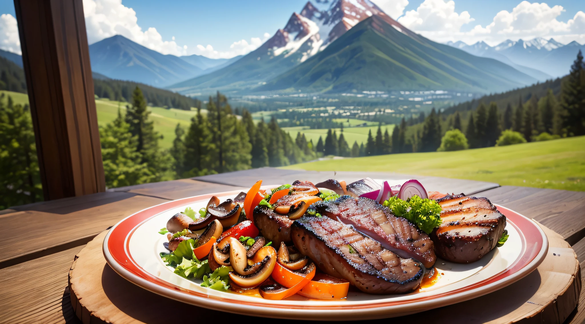 hot sizzling sirloin and red onions, mushrooms, with herbs and spices, grilled outdoors with mountain view, clear photo, ultra realistic --auto