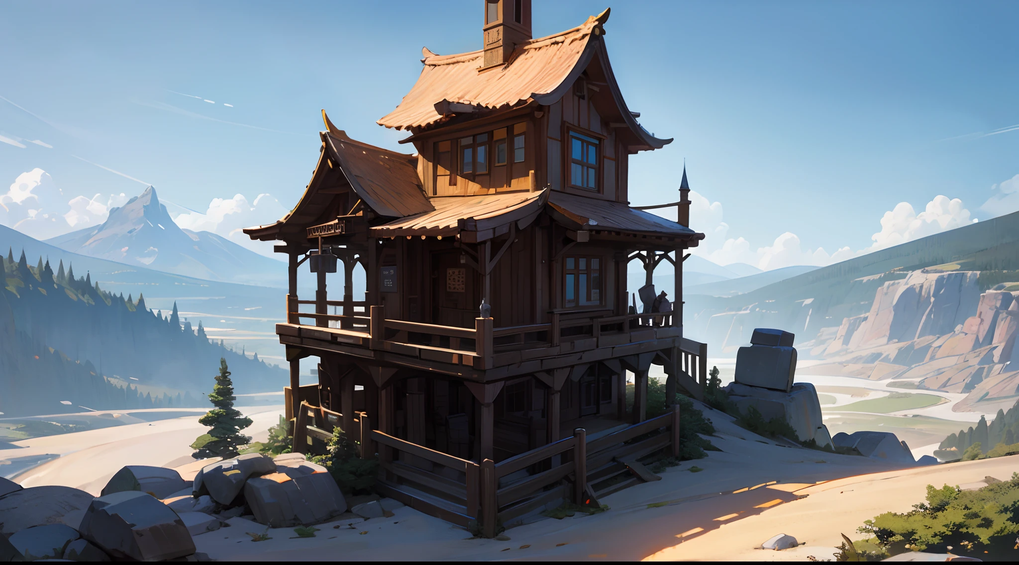 top-quality、hight resolution、detaileds、Wooden tower in the wilderness、In the Rocky Mountains、Rocks and sand、Western style、