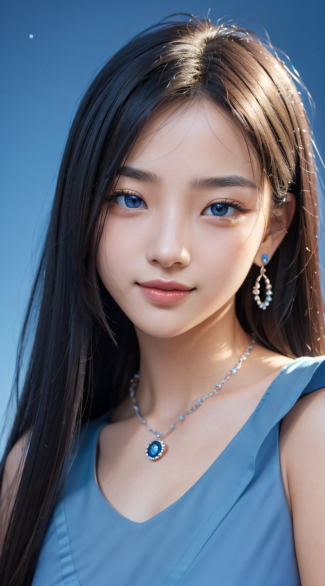 4K,(a closeup:1.6), ​masterpiece, top-quality, 8K, absurderes, beautiful a girl, Clean face, looking at the viewers, A smile, (Blue dress:1.7), Ruby Earrings, ruby ​​necklace, Teen, cute little, (Glitter and smoky red eyeshadow and glitter, glazed pinkish red lips:0.8), A hyper-realistic, hight resolution, a picture, film grains, chromatic abberation, foco nítido, nffsw, face lights, Dynamic lighting, 电影灯光, Professional Shadows, simple background, (Dull blue background:1.3)、highestdetailed、Extreme details、ultra-detailliert、detaile、authentic skin、delicated facial features、detailed faces and eyes、Sharp pupils、Realistic pupils、(Black eye:1.0),full body Esbian、waistline、Slim type、