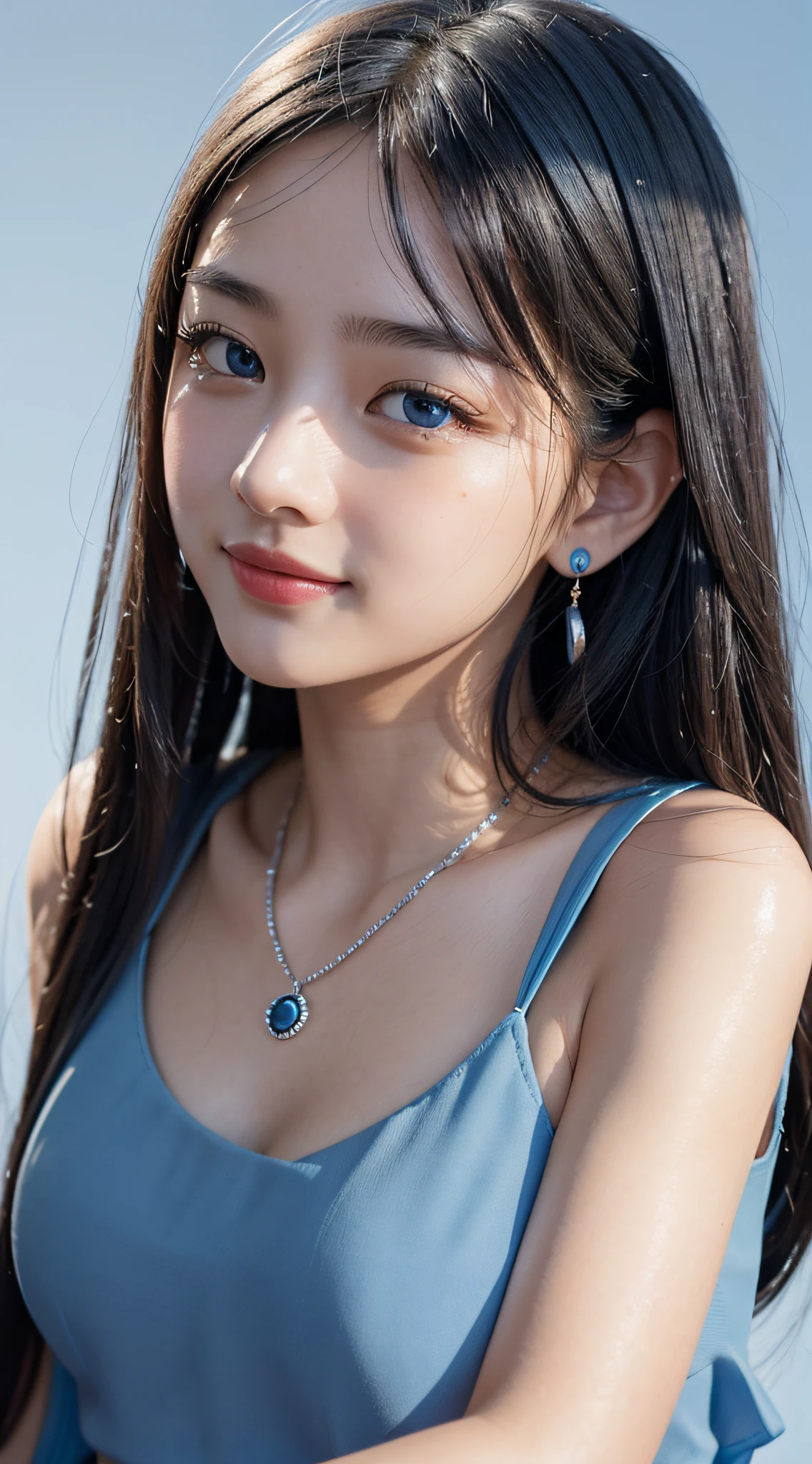 4K,(a closeup:1.6), masterpiece, top-quality, 8K, absurderes, beautiful a girl, Clean face, looking at the viewers, A smile, (Blue dress:1.7), Ruby Earrings, ruby necklace, , cute little, (Glitter and smoky red eyeshadow and glitter, glazed pinkish red lips:0.8), A hyper-realistic, hight resolution, a picture, film grains, chromatic abberation, foco nítido, nffsw, face lights, Dynamic lighting, 电影灯光, Professional Shadows, simple background, (Dull blue background:1.3)、highestdetailed、Extreme details、ultra-detailliert、detaile、authentic skin、delicated facial features、detailed faces and eyes、Sharp pupils、Realistic pupils、(Black eye:1.0),full body Esbian、waistline、Slim type、
