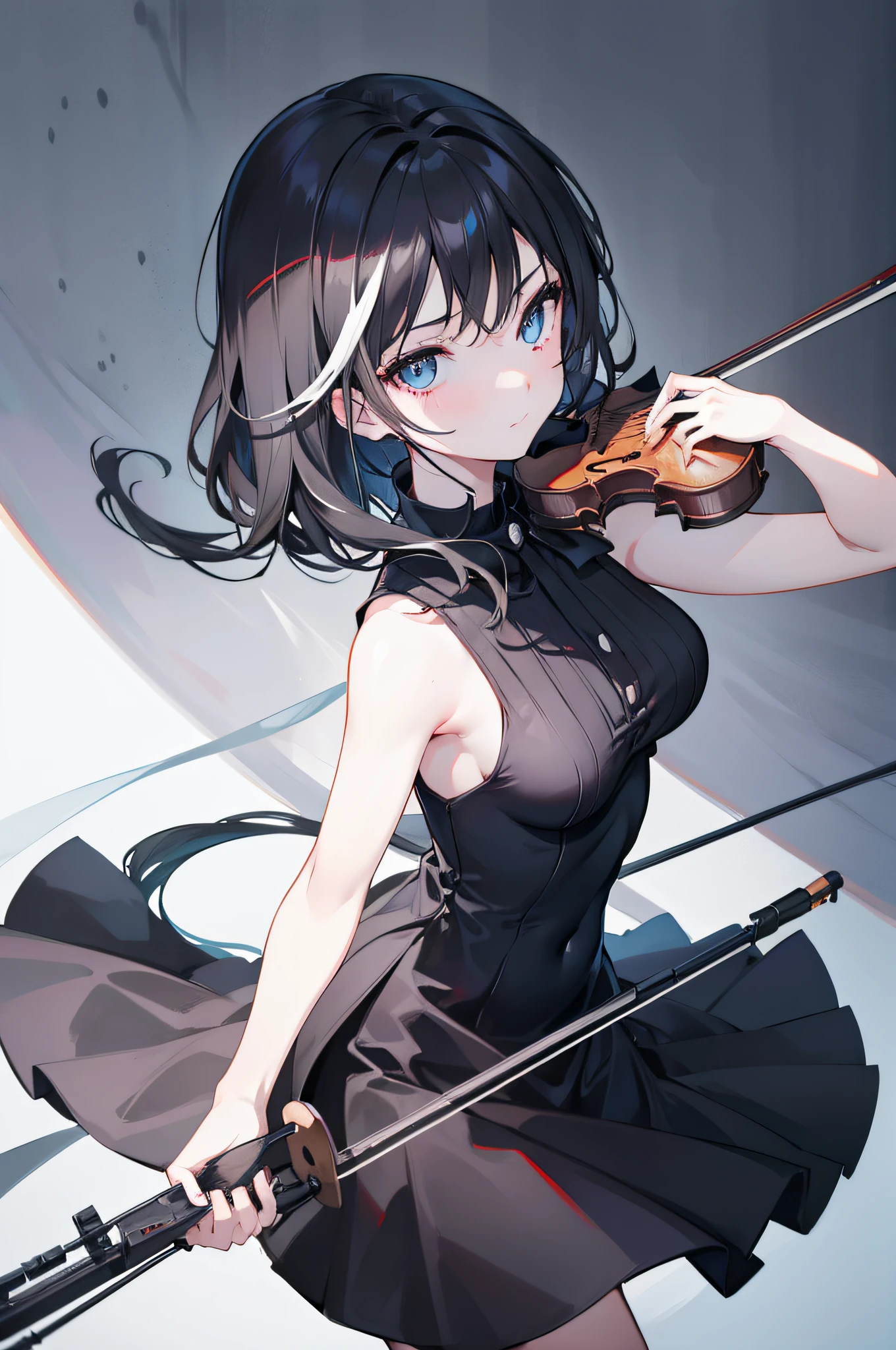 anime girl in sleeveless black dress playing violin in front of a white wall, artgerm and atey ghailan,