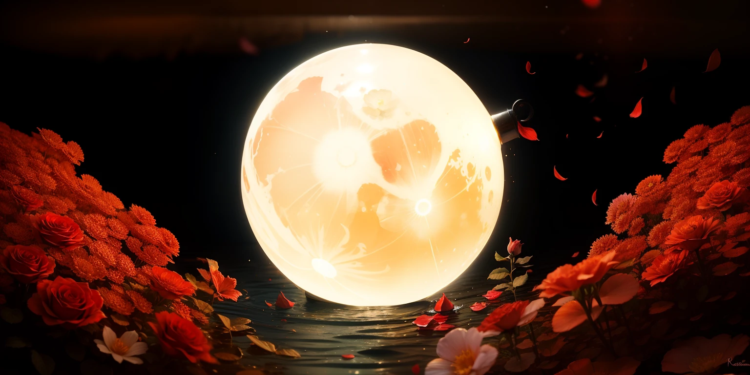 red colour，petals，themoon，lamplight，waterface，Texture，Rose flower