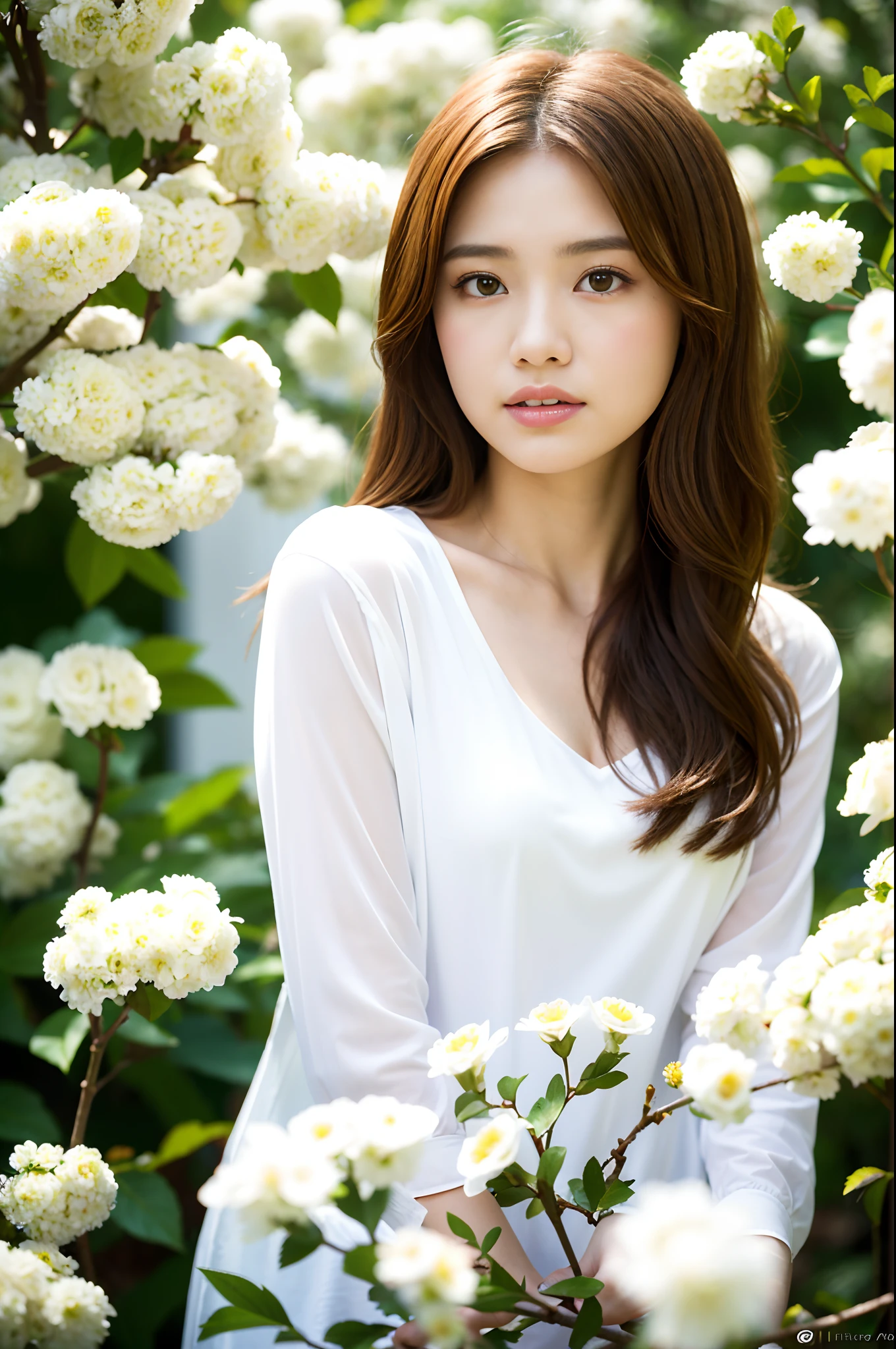 Sad theme , (best quality, masterpiece:1.2), 18yo beautiful girl in garden, white shirt, (white flowers mess in background:1.3), shoot the Sony a7,3.5 mm Lens, f 1.8 apature, lighting glow effect,no retouching,raw photo realistic, skin texture is very detail ,no makeup,