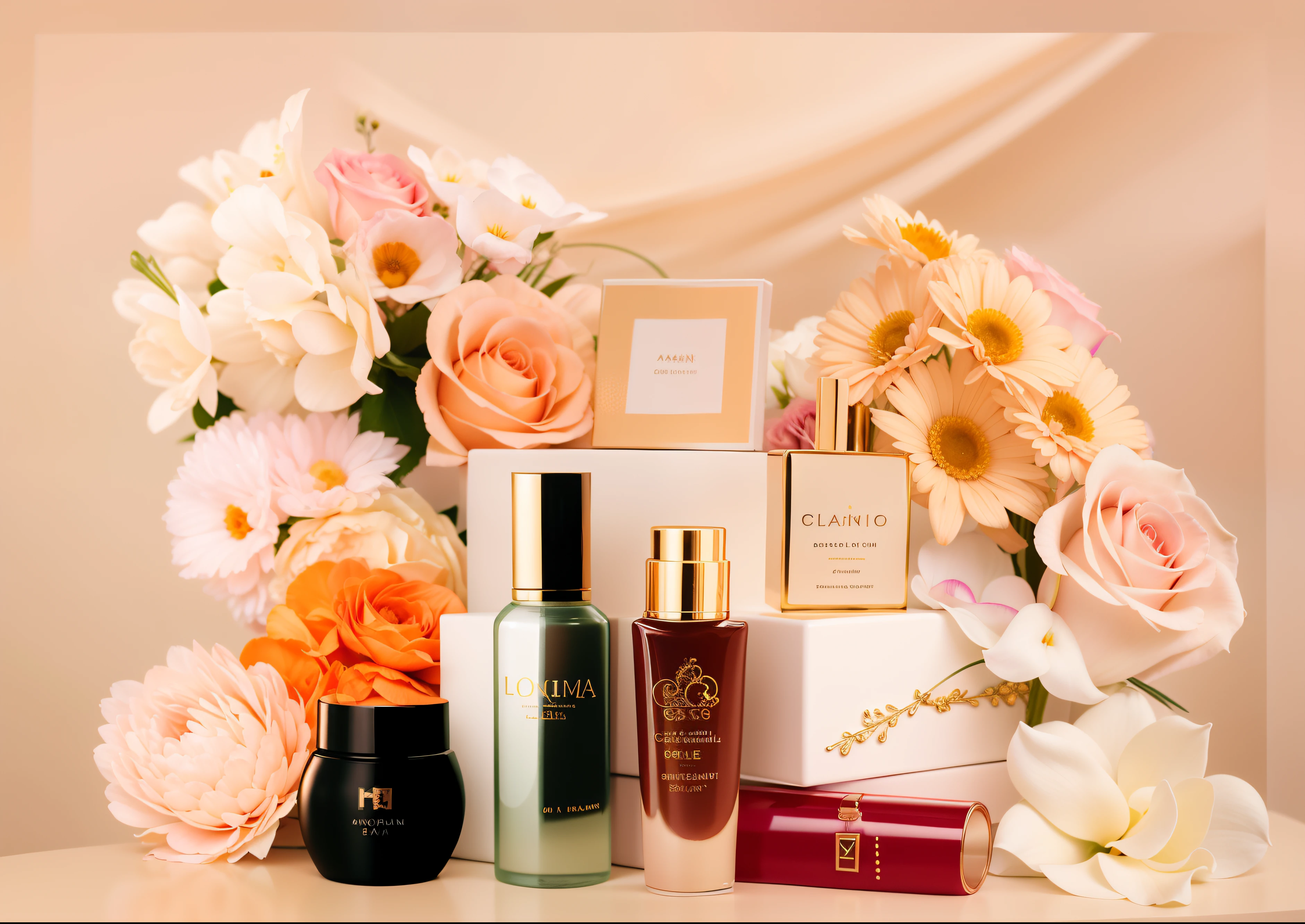 There are many different types of cosmetics and flowers on the table, flowers and gold, beauty campaign, Intense, exquisite fine details, vintage glow, Skincare, The most beautiful, cosmetics, Exquisite details, Vignette, exquisitedetails, bautiful, skin care, shades of gold display naturally, exquisite floral details, insanely beautiful, Beautiful look, Soft glow, immaculate complexion
