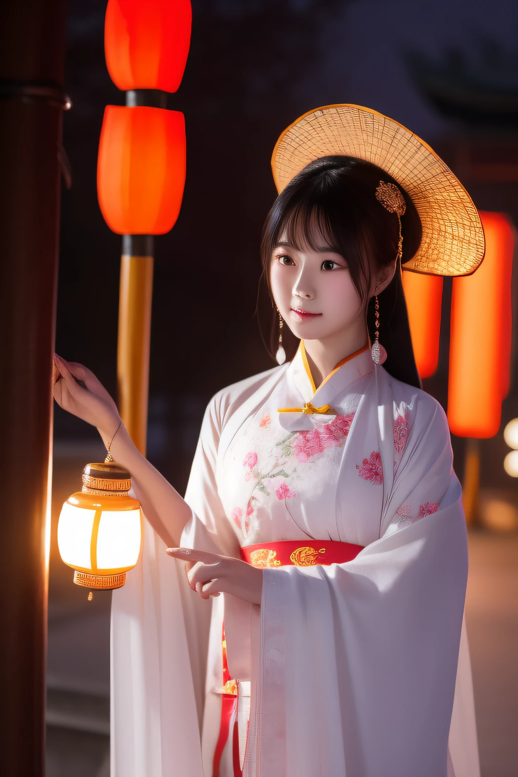 the night，A woman in Chinese clothing carries a lantern