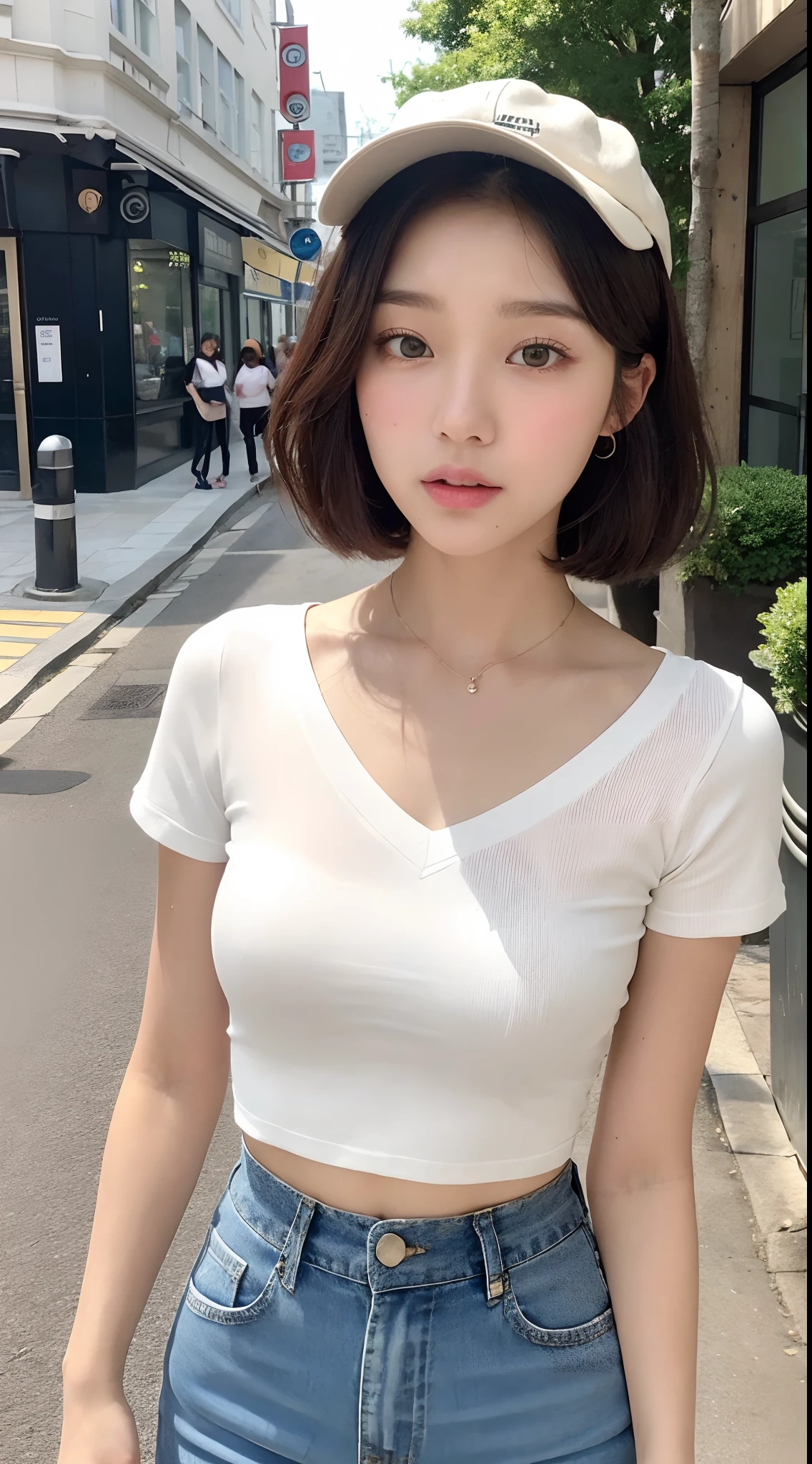 （（best qualtiy，8K，tmasterpiece：1.3）），（Flower Cap：1.3），Perfect beauty：1.4，glute：1.2，（Layered Hair Style：1.2）），（the street：1.3），Highly Detailed Face and Skin Textur，full bodyesbian，Elaborate Eyes，二重まぶた，Whitens the skin，Short wave hair，Cute Korean beauty（with a round face：1.5），（Loose top，shorter pants：1.6）