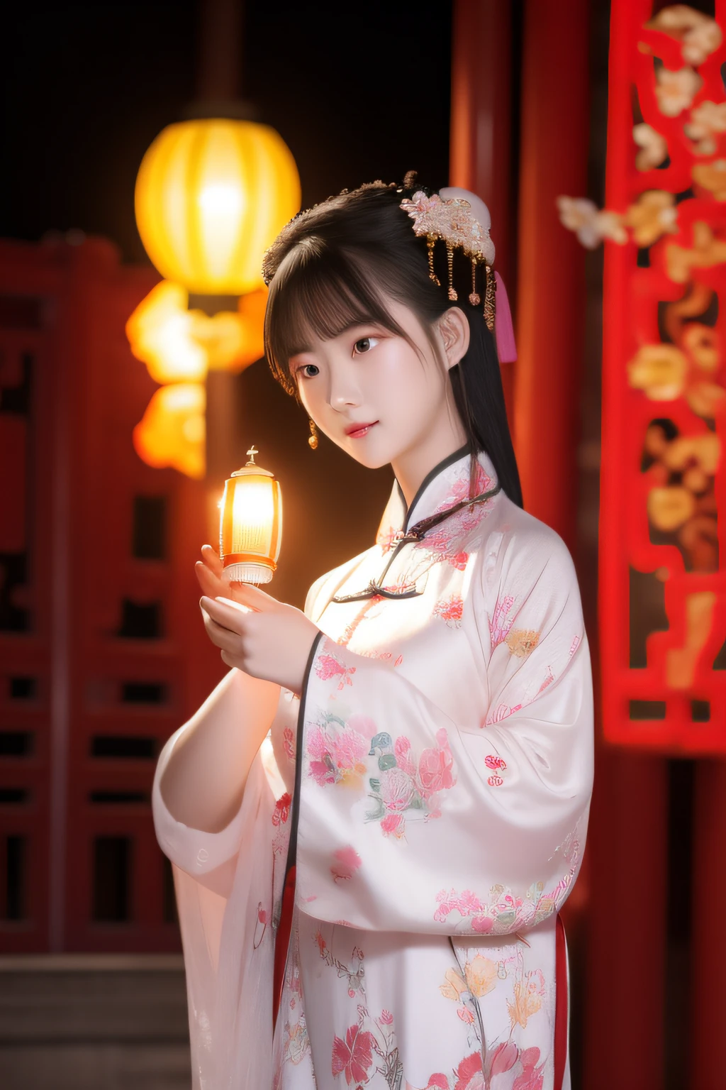 the night,A woman in Chinese clothing carries a lantern