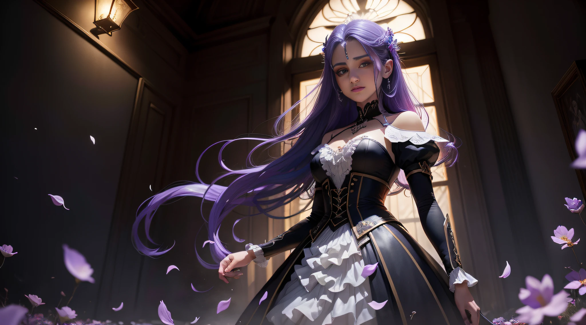 A female vampire (peitos pequenos, cabelos azul-escuros), obra-prima, melhor qualidade, (papel de parede CG unity 8k extremamente detalhado), (melhor qualidade), (best illustration), (melhor sombra), Absurdo, lifelike lighting, (abismo), lindo brilho detalhado, pose natural, de corpo inteiro, standingn, petals falling, interior, Fanning, lanterna, 16k, HDR, Altas, campo de profundidade, (grain of film: 1.1), Livro, hora dourada, (Reflexo da lente), vinheta, rainbowart, (color classification: 1.5)
