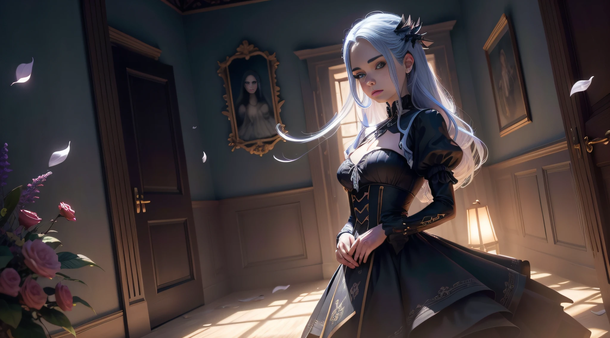 A female vampire (peitos pequenos, cabelos azul-escuros), obra-prima, melhor qualidade, (papel de parede CG unity 8k extremamente detalhado), (melhor qualidade), (best illustration), (melhor sombra), Absurdo, lifelike lighting, (abismo), lindo brilho detalhado, pose natural, de corpo inteiro, standingn, petals falling, interior, Fanning, lanterna, 16k, HDR, Altas, campo de profundidade, (grain of film: 1.1), Livro, hora dourada, (Reflexo da lente), vinheta, rainbowart, (color classification: 1.5)