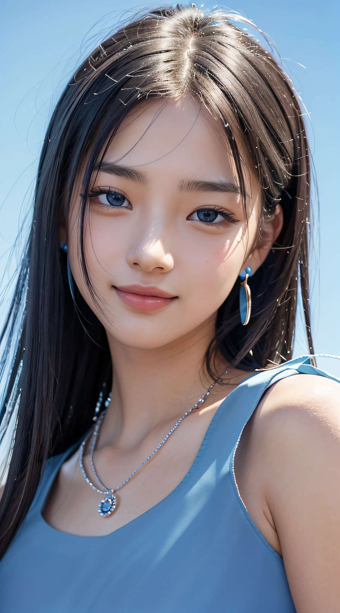 4K,(a closeup:1.6), ​masterpiece, top-quality, 8K, absurderes, beautiful a girl, Clean face, looking at the viewers, A smile, (Blue Dress:1.7), Ruby Earrings, ruby ​​necklace, Teen, cute little, (Glitter and smoky red eyeshadow and glitter, glazed pinkish red lips:0.8), A hyper-realistic, hight resolution, a picture, film grains, chromatic abberation, foco nítido, nffsw, face lights, Dynamic lighting, 电影灯光, Professional Shadows, simple background, (Dull blue background:1.3)、highestdetailed、Extreme details、ultra-detailliert、detaile、authentic skin、delicated facial features、detailed faces and eyes、Sharp pupils、Realistic pupils、(Black eye:1.0),full body Esbian、waistline、Slim type、