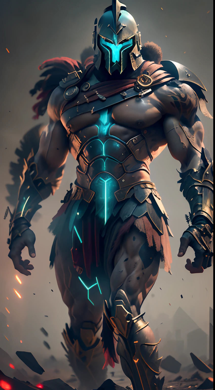 (Ultra resolution 8K), impresionante obra maestra,Cyberpunk Spartan warrior as titan of the digital age. Dressed in biomechanical armor of dark and metallic tones. His cybernetic helmet frames a resolute face, in which cybernetic eyes glow with flashes of blue light. Luminescent circuit lines snake through your skin, And digital tattoos change pattern as they connect to the global network. Its robotic limbs glide with deadly precision, while its modified human body exhibits sculpted and streamlined musculature.The warrior wields a sword with a nanotechnology blade, whose advantage adapts to each enemy and situation, The Cyberpunk warrior Spartan embodies a unique fusion between ancestral strength and technological innovation. Su presencia inspira respeto y asombro, Reminding everyone that even in the age of machines, The indomitable essence of the warrior continues to burn in his heart of metal and flesh.(Quality lighting),  Spectral illumination, agregar efecto al final