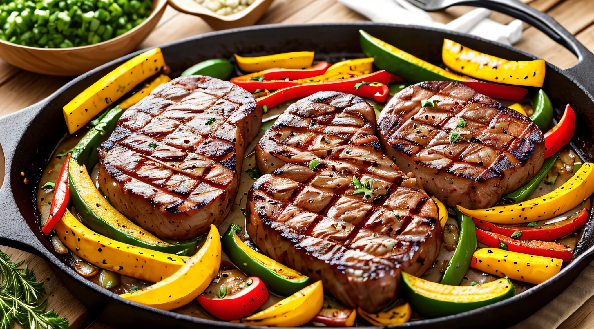 sizzling sirloin and onions, peppers, squash, grilling hot, with herbs, outdoors, clear photo, ultra realistic --auto