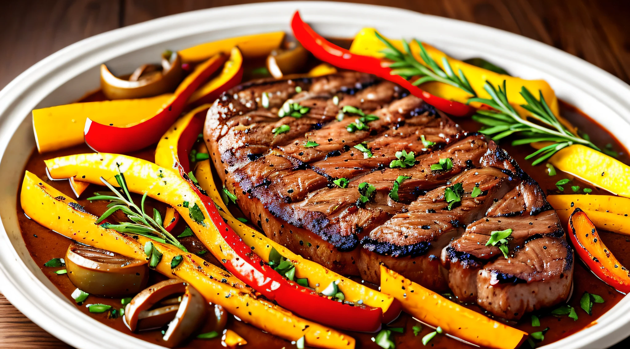 sizzling sirloin and onions, peppers, squash, grilling hot, with herbs, outdoors, clear photo, ultra realistic --auto