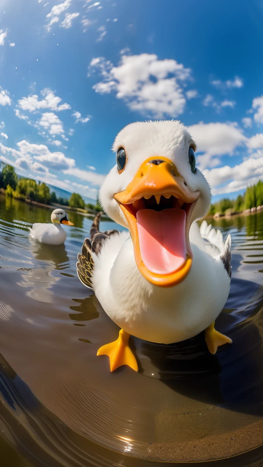 There are many ducks standing in the water with their mouths open, look straight at the camera, shutter inventory, donald duck in real life, shot with a gopro, duckface, wideangle pov closeup, staring right into camera, taken on go pro hero8, highly detailed photo of happy, High Pro Photo, staring right into camera, looking at the camera in, ducks