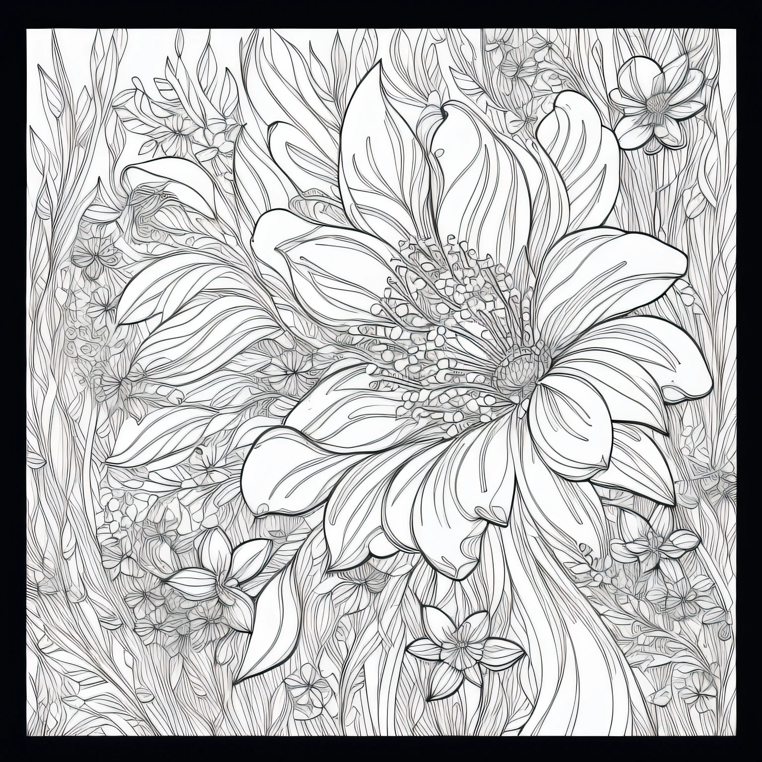 (Monochrome images：1.3)、(Flower coloring book:1.3)、It features a simple、Draw with outline