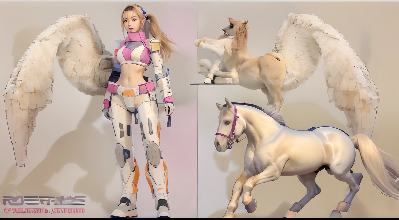 A female centaur,She is famous in the multiverse,She is both a female centaur, half human, half horse, half horse,It is also a female Yingzhao。She blends both images,The first is the head of a horse/neck/Shoulder these parts,After feminization,The upper body transforms into a beautiful female human,Female, half-centaur, half-human, half-horse, half-human,The second is the waist of the horse/hason/gluteal/Legs feminine,Female half-horse with beautiful woman's,Chimer,It's like a female human wearing a half-horse-like costume and making a seamless chimera,This chimerization is based on powerful futuristic technology。The ultra-wide-angle lens captures the image of her beautiful and ethereal wings on the ionosphere launching a super-high-speed charge and leaping。Her front half is distinctly feminine,Tall sexy body,Has K cup teardrop-shaped giant tit chest,It has a small man's waist butterfly spanning long legs,The half-horse part of the hind body,Embedded interface at the hip position。Her horse-shaped part has female physiology and ergonomics on both the half-horse torso and hips and legs。The chest cavity of a woman in the shape of a bent dog style embedded in the lower back position of the beautiful woman's body starting from the upper part of the sternum/lower back/Ventral transverse。Then there are the sexy beauty's upright hips,Her entire body has been completely feminized,Including the half-horse part。Mechanized armor covers the legs with knee-shaped anti-joints and feet,And these parts are highly anthropomorphic,This makes her legs graceful and slender,Her four horse legs exploded in length proportions and was slender and toned,Under the legs are skinny white feet dressed in Skyscraper Heels,Use Midjourney's advanced stroke tools and color palettes, as well as texture packs, model packs, and texture tools,Concentration,Include all parts of her original horse physiology including fur/Waist and abdomen/Hip legs/Leg Capital Feminization,And give these parts a correspon