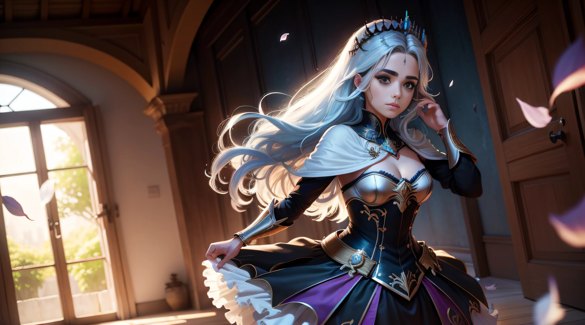 A female rainha guerreira (peitos pequenos, cabelos azul-escuros), obra-prima, melhor qualidade, (papel de parede CG unity 8k extremamente detalhado), (melhor qualidade), (best illustration), (melhor sombra), Absurdo, lifelike lighting, (abismo), lindo brilho detalhado, pose natural, de corpo inteiro, standingn, petals falling, interior, Fanning, lanterna, 16k, HDR, Altas, campo de profundidade, (grain of film: 1.1), Livro, hora dourada, (Reflexo da lente), vinheta, rainbowart, (color classification: 1.5)