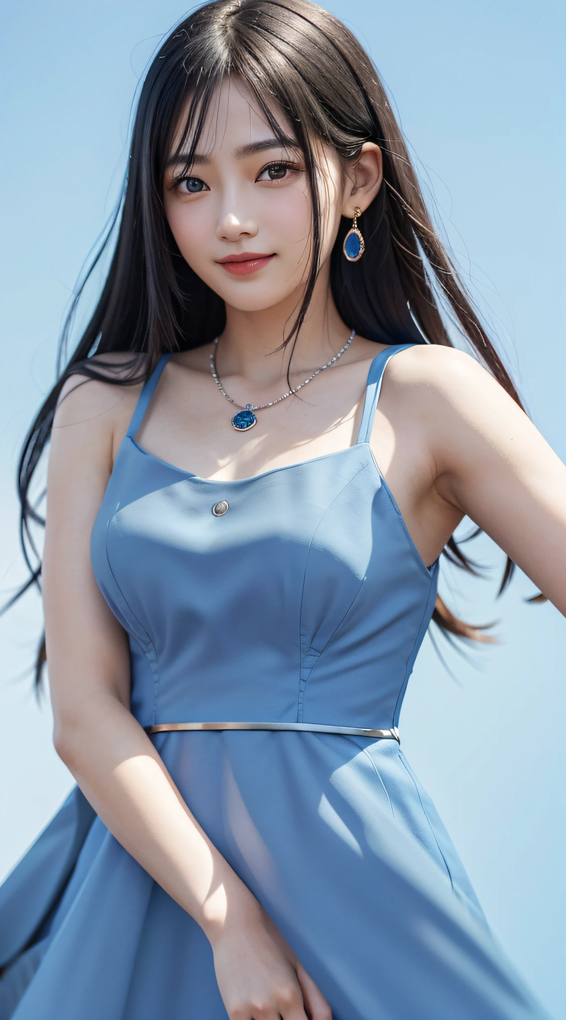 4K、 ​masterpiece, top-quality, 8K, absurderes, beautiful a girl, Clean face, looking at the viewers, A smile, (Blue Dress:1.7), Ruby Earrings, ruby ​​necklace, Teen, cute little, (Glitter and smoky red eyeshadow and glitter, glazed pinkish red lips:0.8), A hyper-realistic, hight resolution, a picture, film grains, chromatic abberation, foco nítido, nffsw, face lights, Dynamic lighting, 电影灯光, Professional Shadows, simple background, (Dull blue background:1.3)、highestdetailed、Extreme details、ultra-detailliert、detaile、authentic skin、delicated facial features、detailed faces and eyes、Sharp pupils、Realistic pupils、(Black eye:1.0),full body Esbian、waistline、Slim type、