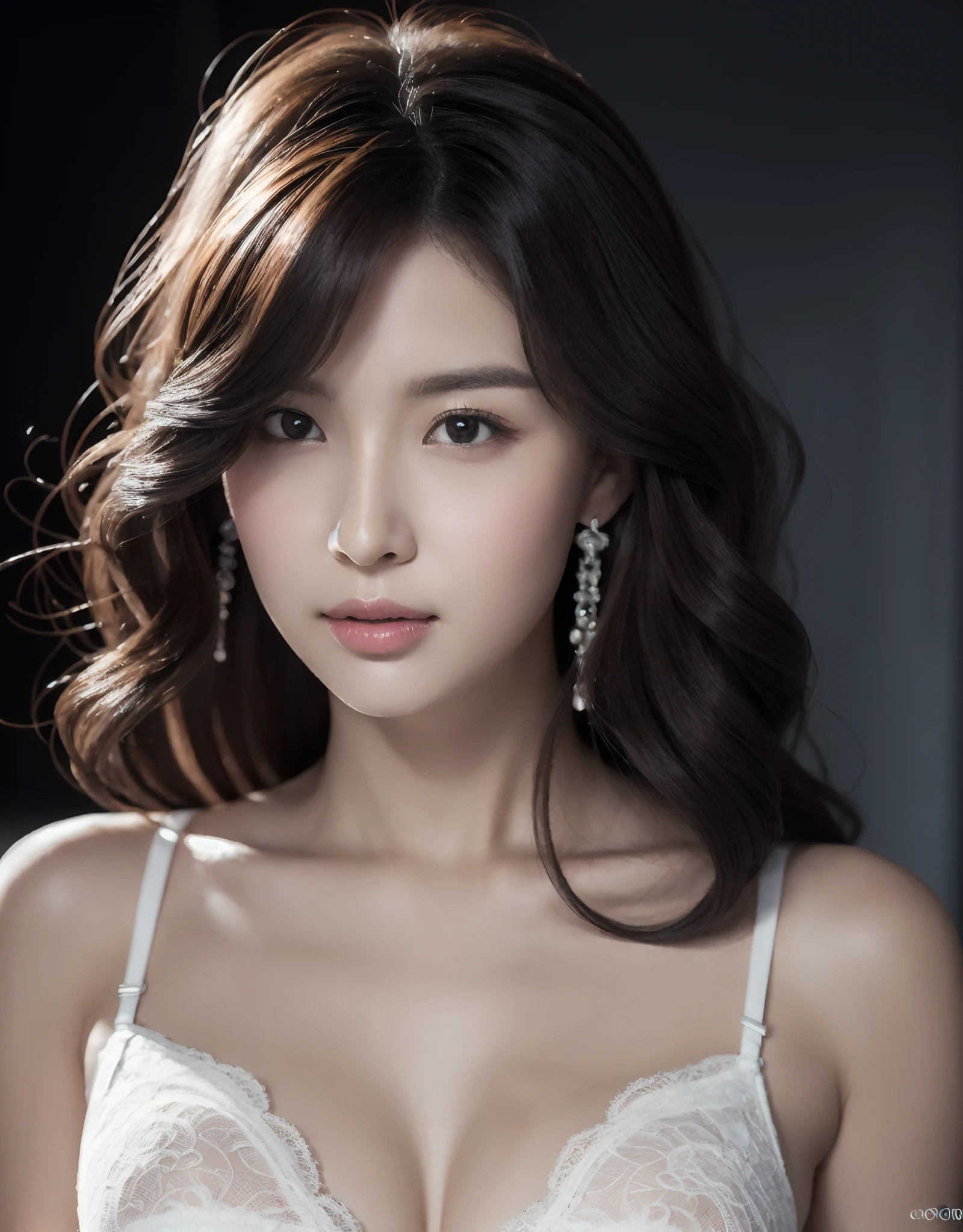 Portrait of attractive Korean woman in her 20s, Long wavy hair, Bright eyes, White lace bra, Chandeli Earrings, huge size. (8K, Best Quality : 1.2), (masutepiece, Photorealistic : 1.3), Super Detail, Anatomically correct