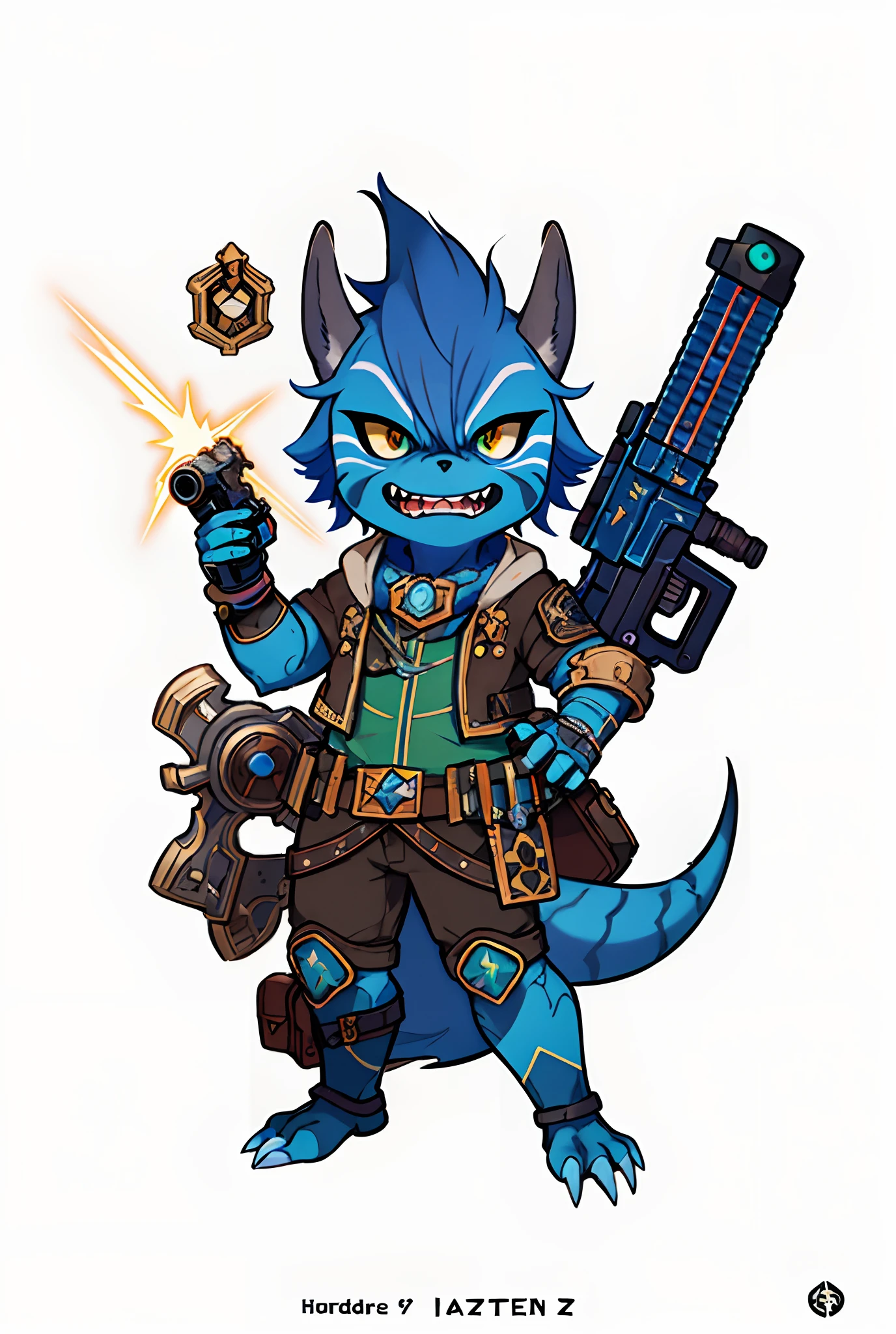 by bestiary_style, a blue monster with a gun and a gun in his hand, starfinder character, starfinder style, style of starfinder, as a badass monster hunter, official character art, hearthstone weapon art, fantasy hearthstone art style, racoon holding a laser gun, blizzard hearthstone concept art, from pathfinder, in hearthstone art style, hearthstone concept art, sci-fi lizardman