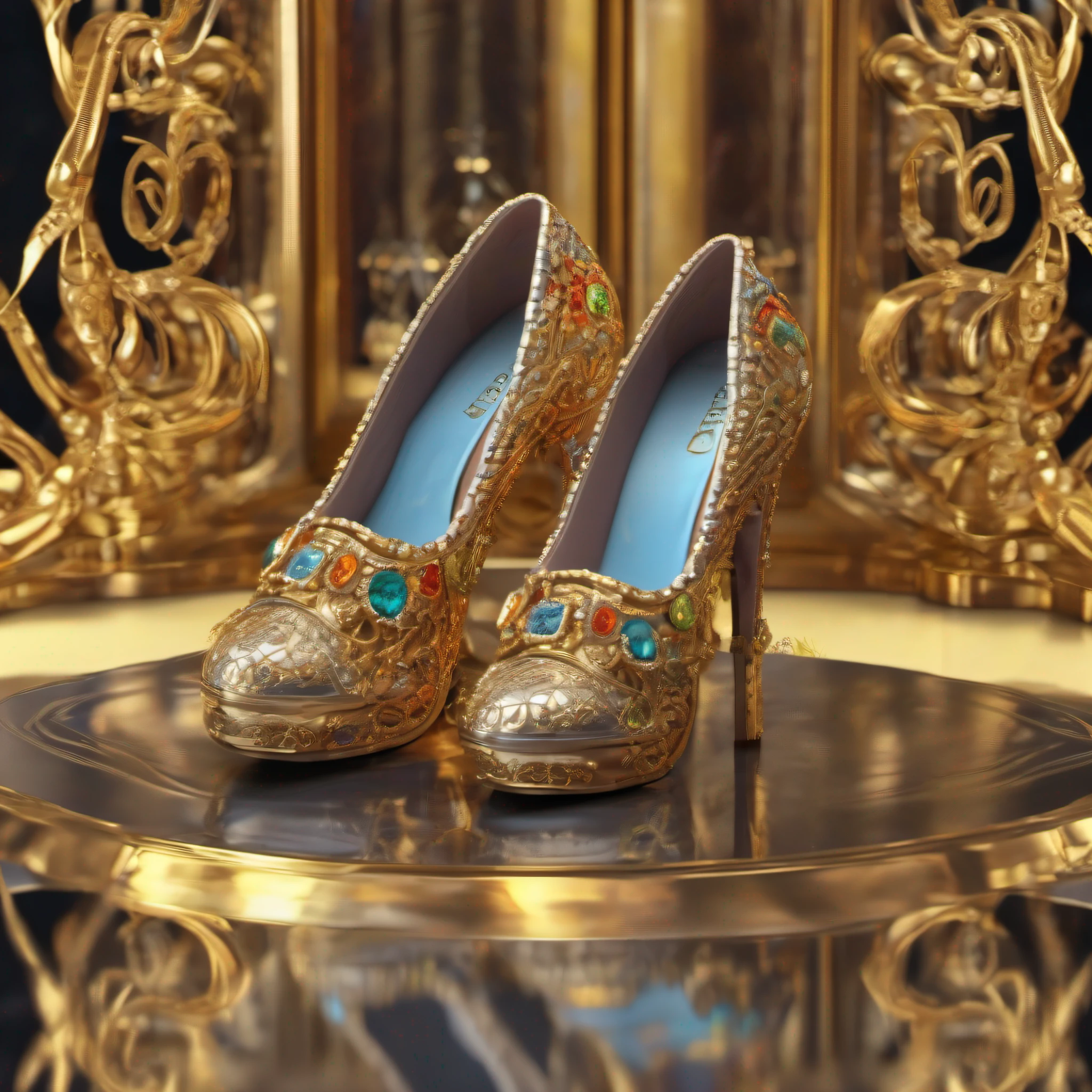 (masterpiece), best quality cute and adorable 3D rendering pair in a pair of bejeweled gold colored shoes on a round metallic stage, full body in corner pose, corner view, Ivan, bejeweled encrusted, embellished and encrusted royalty, beautiful!, Steampunk gold, inlaid with gemstones, Bedazzled, inspired by Manolo Millares, with ornate jewels, elegant design of the shoe, Inspired by James Christensen, Jewelry, a beautiful detailed orisha, gorgeous compositing, symmetry, vivid colors, cgsociety, les automatistes, future tech, unreal engine 5, jewelry store interior in background, cartoon style, 3D animation style, sharp focus , hdr, 32k