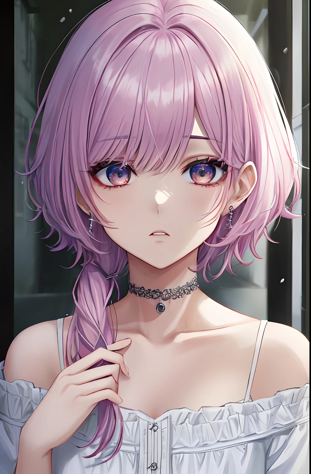 kk, melhor qualidade, mais detalhes, obra-prima, 1 girl, kaneki ken, retrato, foco feminino, olhos vermelhos, solo, franja, olhando para o espectador, capuz rosa, cabelo curto, chuva, tokyo tokyo \(cidade\), capuz, nail polish, cabelo branco, luxuoso, 8k, detalhado, ray tracing, profundidade de campo, cinematic lighthing,